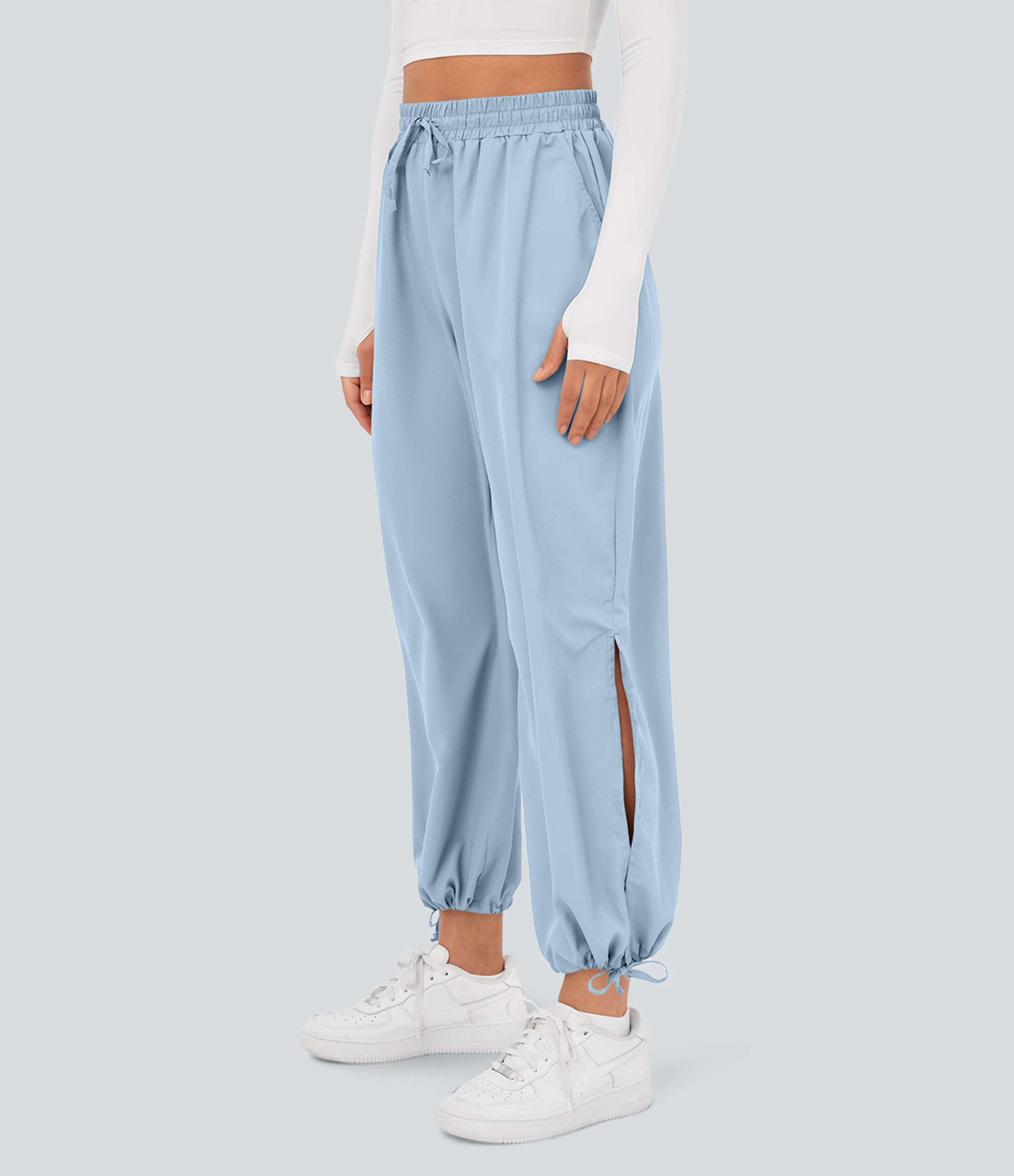 Halara Breezefulв„ў High Waisted Drawstring Side Pocket Split Hem Quick Dry Casual Joggers  - Thin Ice Blue - S 