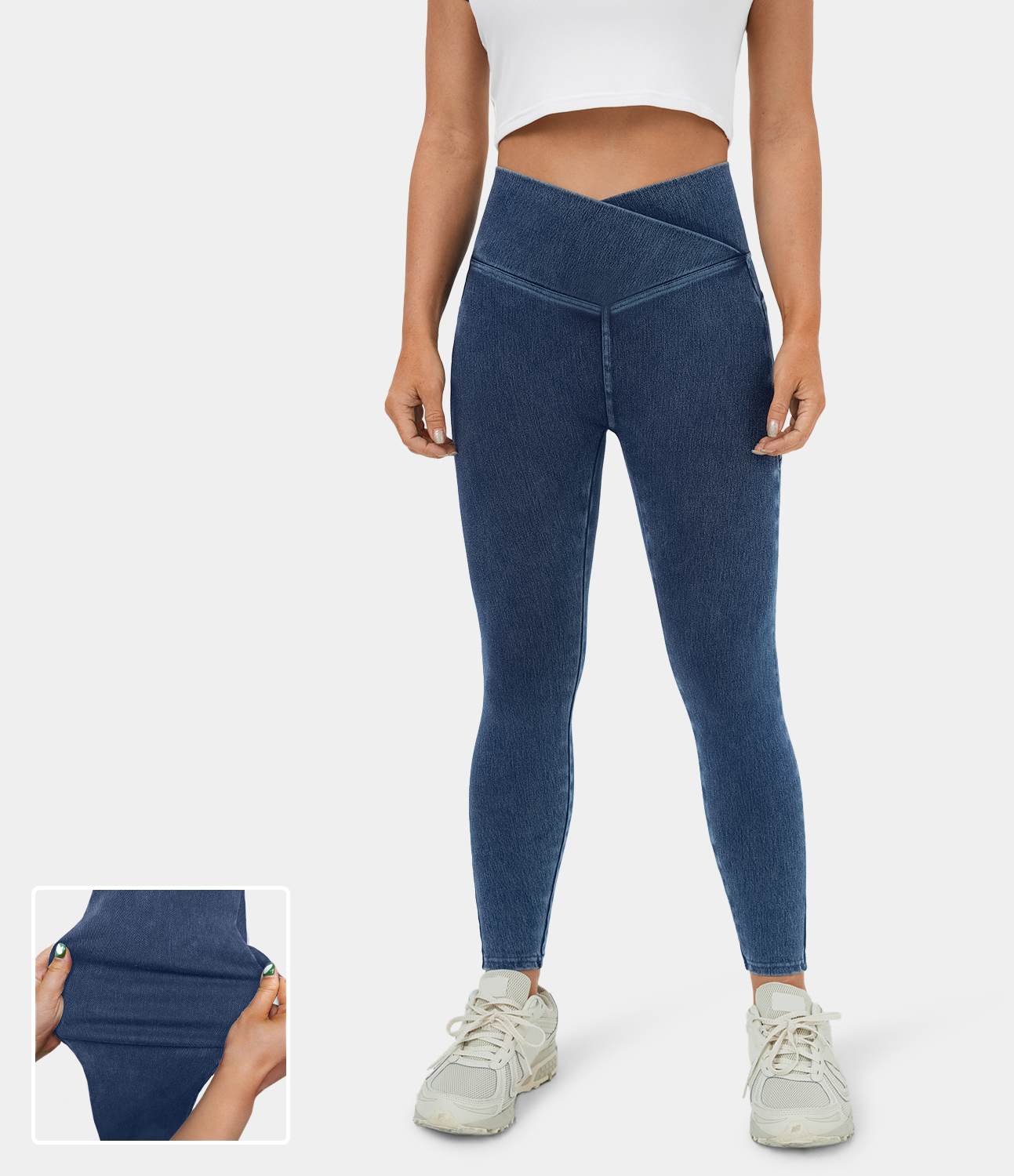 Women's Crossover Pocket Washed Stretchy Knit Denim Casual Leggings HALARA