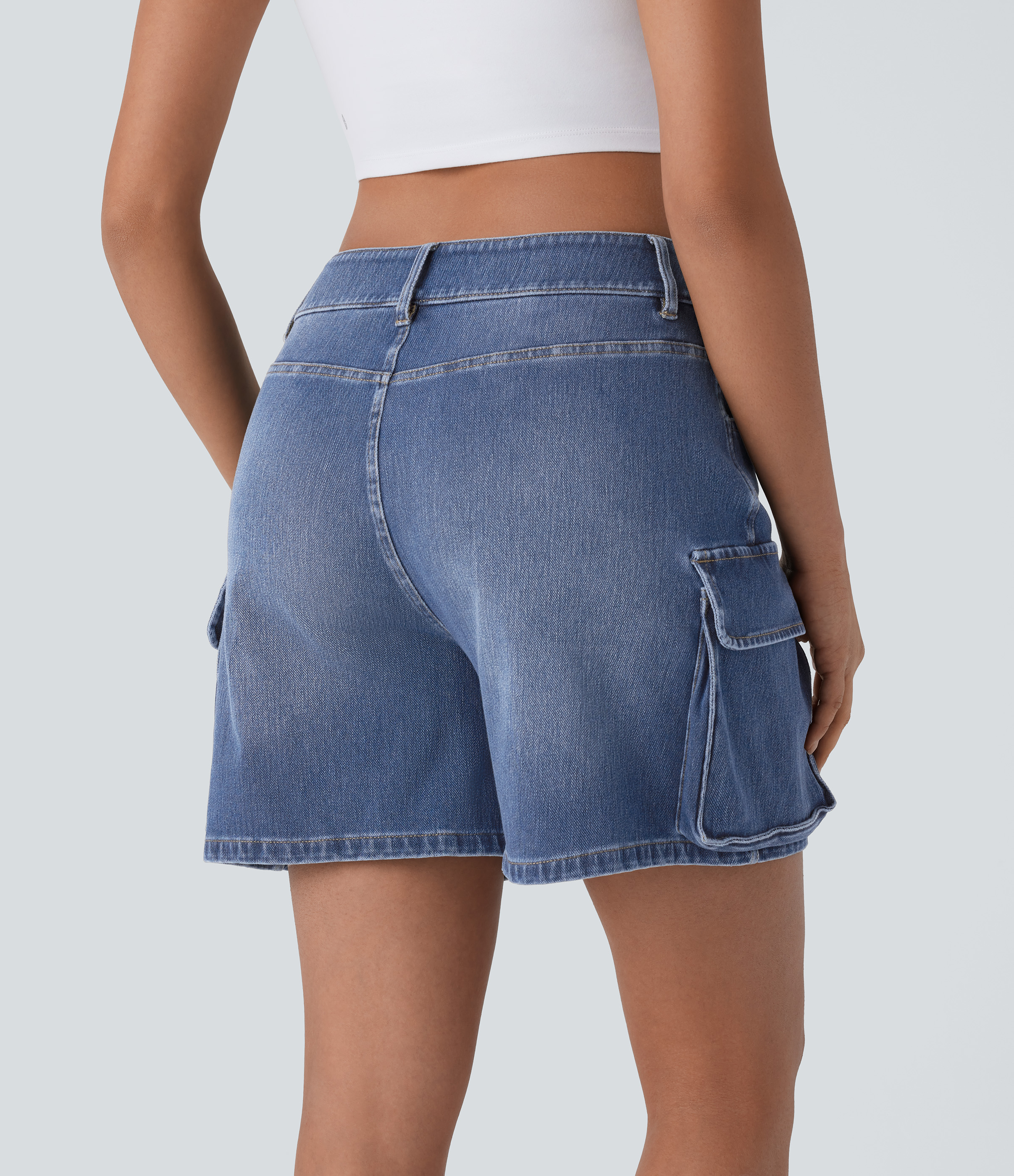 Dark Azure Blue Denim Pantalón corto cargo Halara Flex™ Denim mezclilla elástico lavado múltiple bolsillo tiro bajo / 2