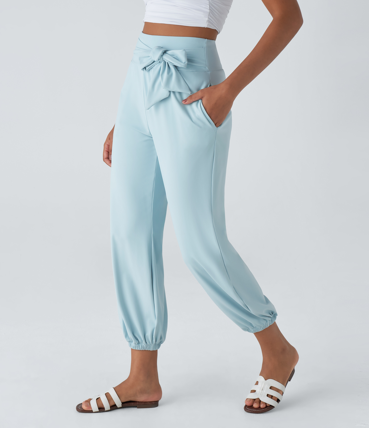 Halara High Waisted Tie Front Side Pocket Casual Joggers  - Mint Green - XL(regular) 