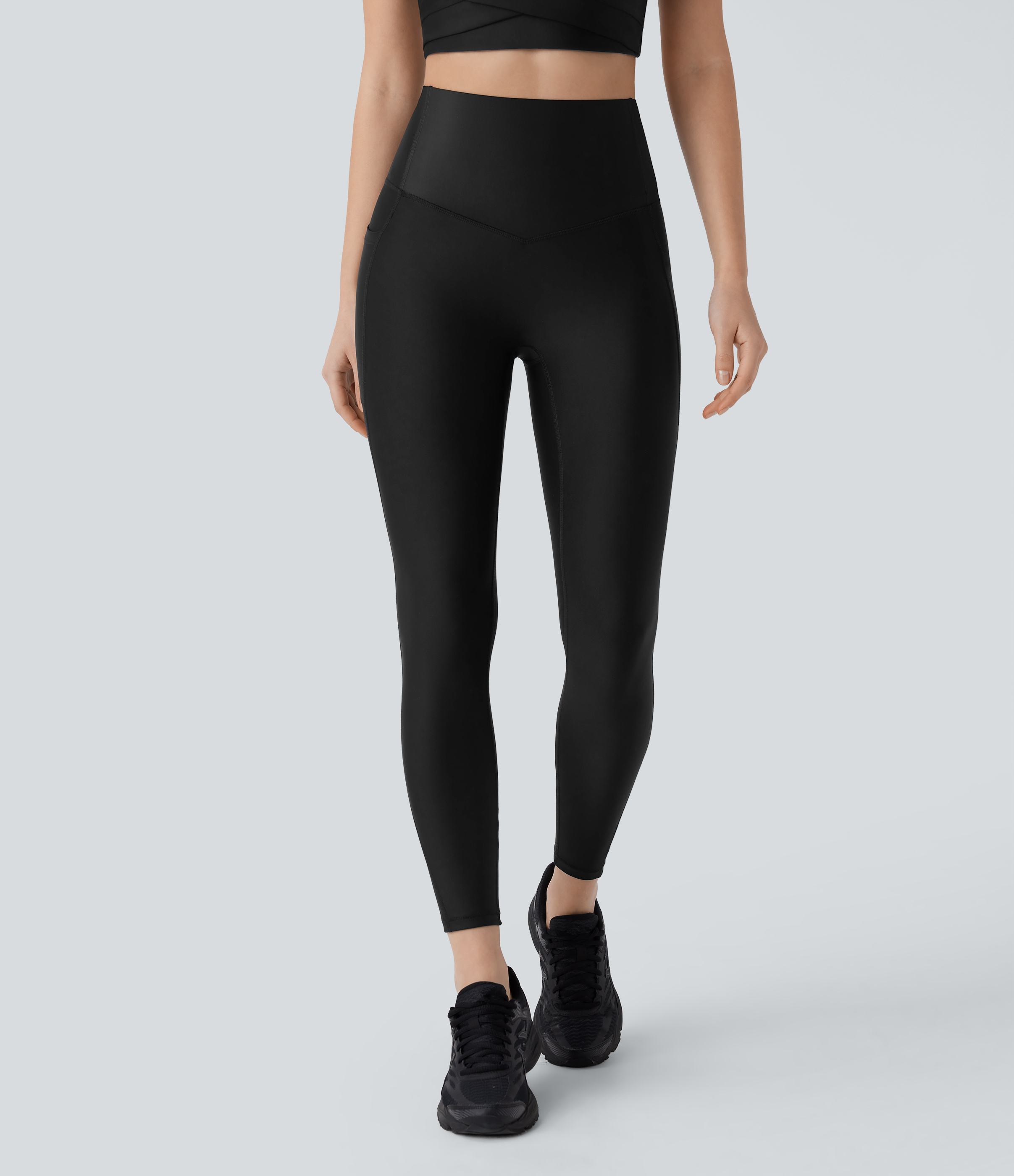 Halara SoCinched High Waisted Tummy Control Side Pocket Sheen Workout Leggings  - Black - M(7/8) gym leggings leggings with pockets 