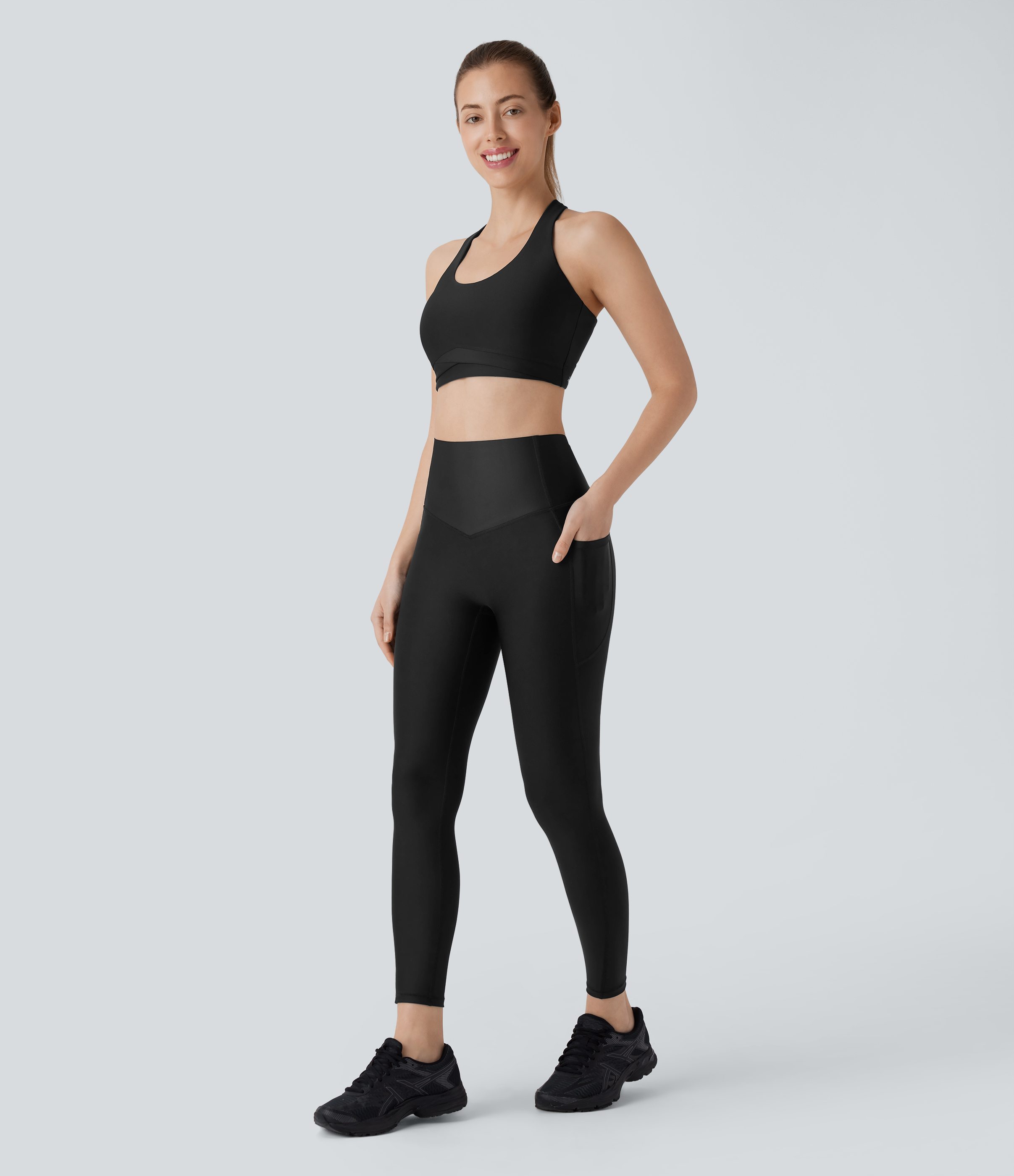 Halara SoCinched High Waisted Tummy Control Side Pocket Sheen Workout Leggings  - Black - M(7/8) gym leggings leggings with pockets 