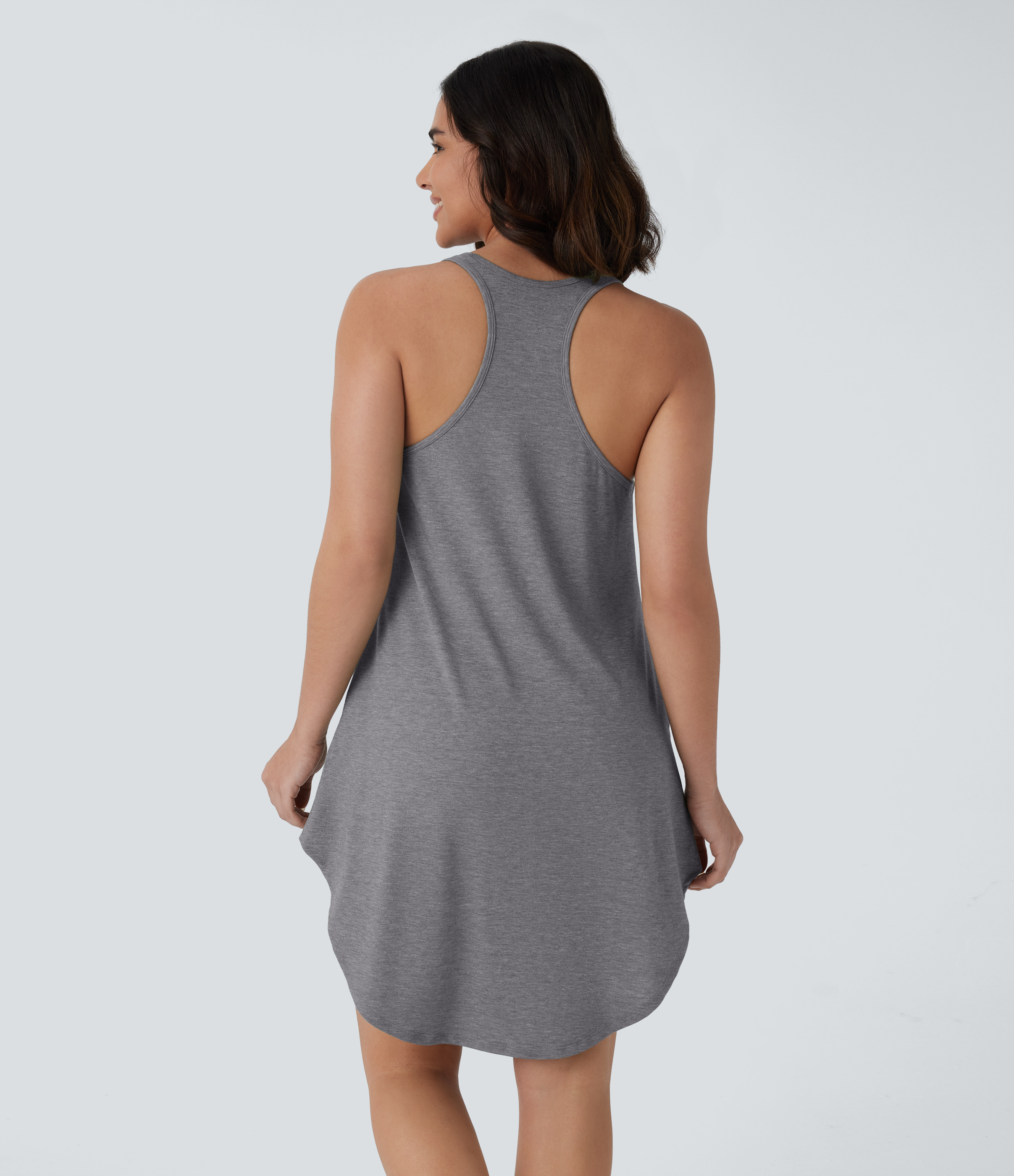 Halara U Neck Backless Racerback Side Pocket High Low Curved Hem Mini Resort Dress Casual Dress - Darl Gray Floral Yarn - L slip dress 