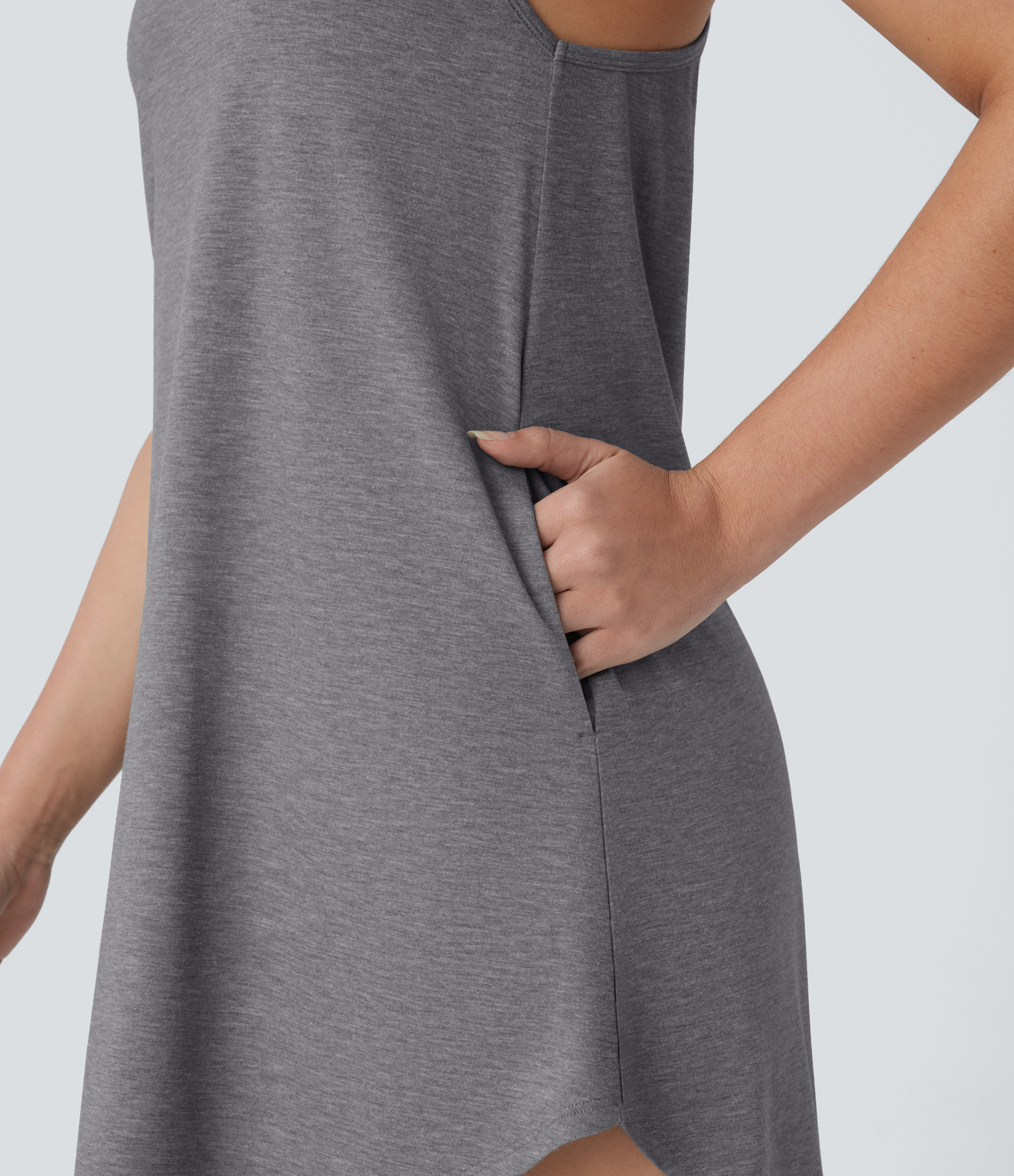 Halara U Neck Backless Racerback Side Pocket High Low Curved Hem Mini Resort Dress Casual Dress - Darl Gray Floral Yarn - L slip dress 