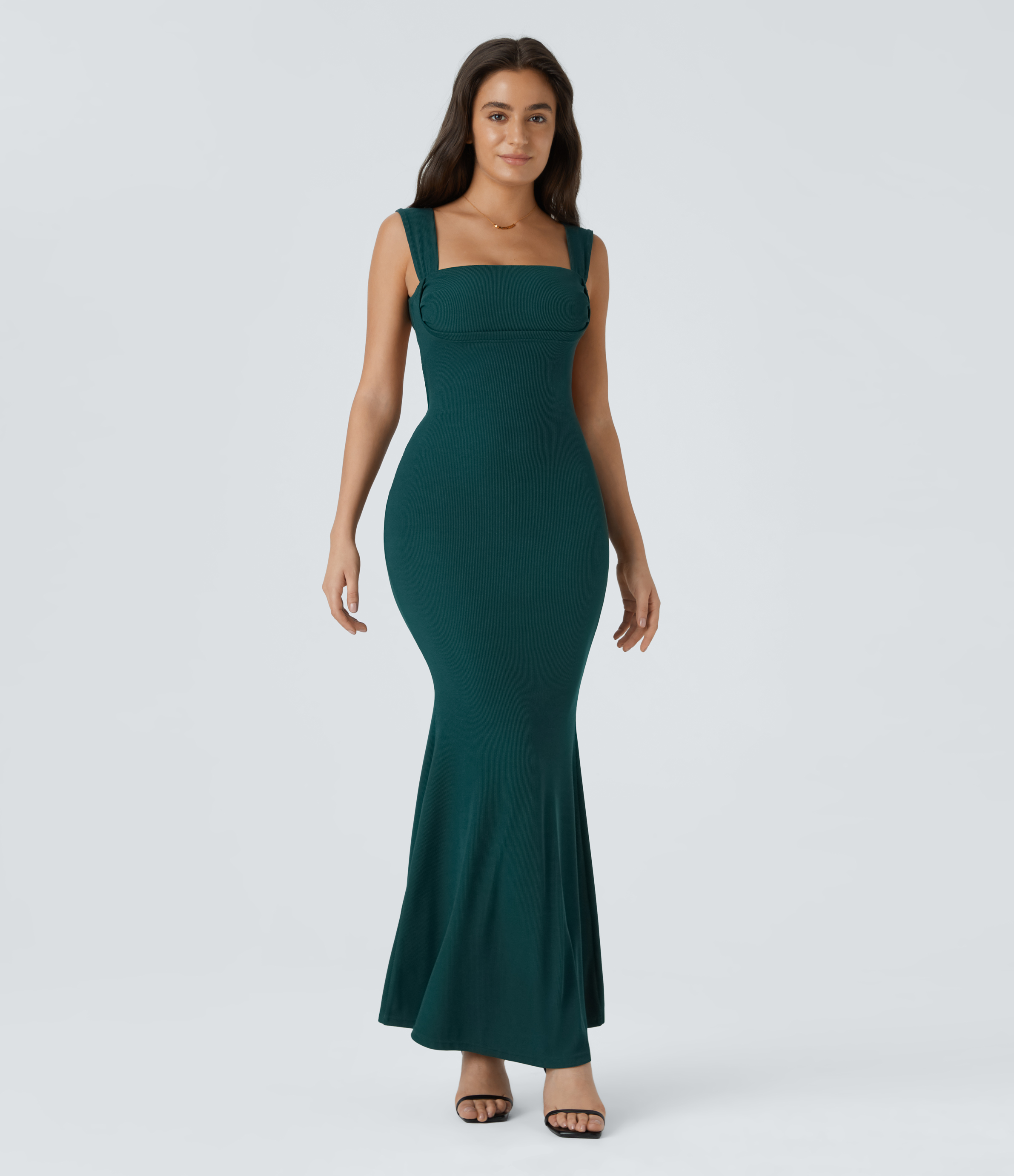 Halara Square Neck Backless Crisscross Lace Up Maxi Party Dress Casual Dress - Mallard Green - S slip dress beach dress ruched dress 
