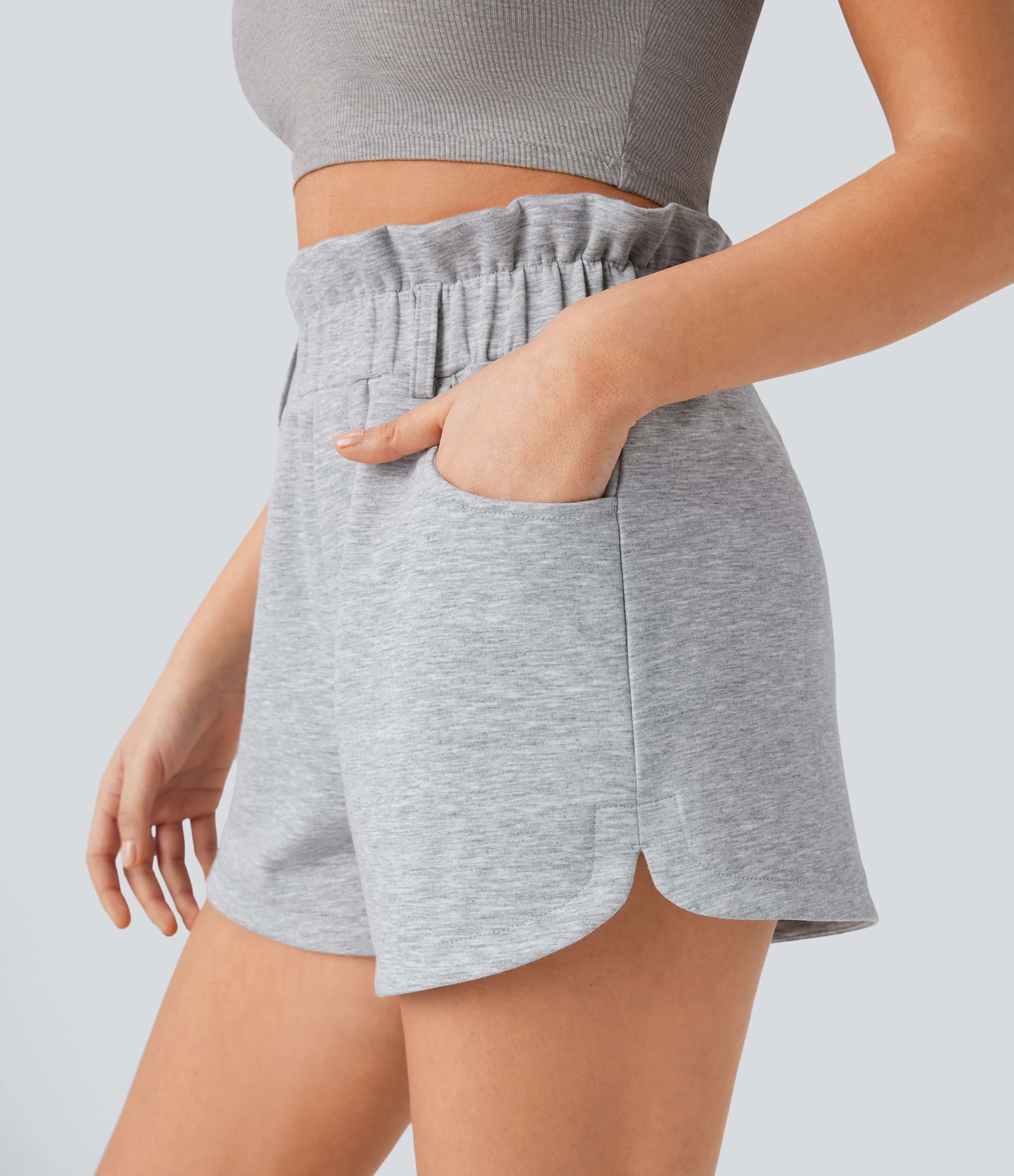 Halara Super High Waisted Ruffle Side Pocket Curved Hem Casual Shorts Gym Short - Fog Gray - XS booty shorts compression shorts yoga shorts 
