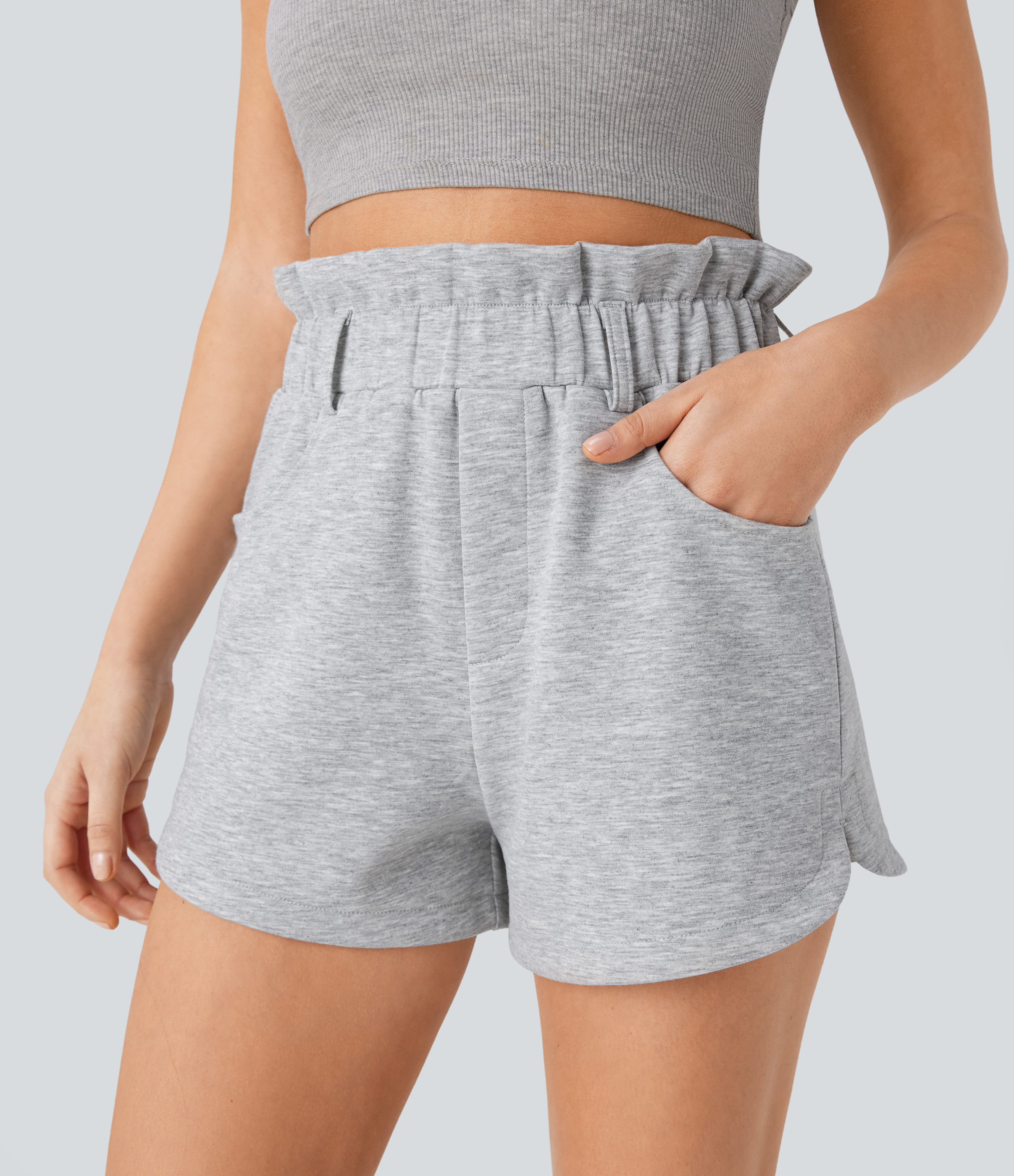 Halara Super High Waisted Ruffle Side Pocket Curved Hem Casual Shorts Gym Short - Fog Gray - XS booty shorts compression shorts yoga shorts 