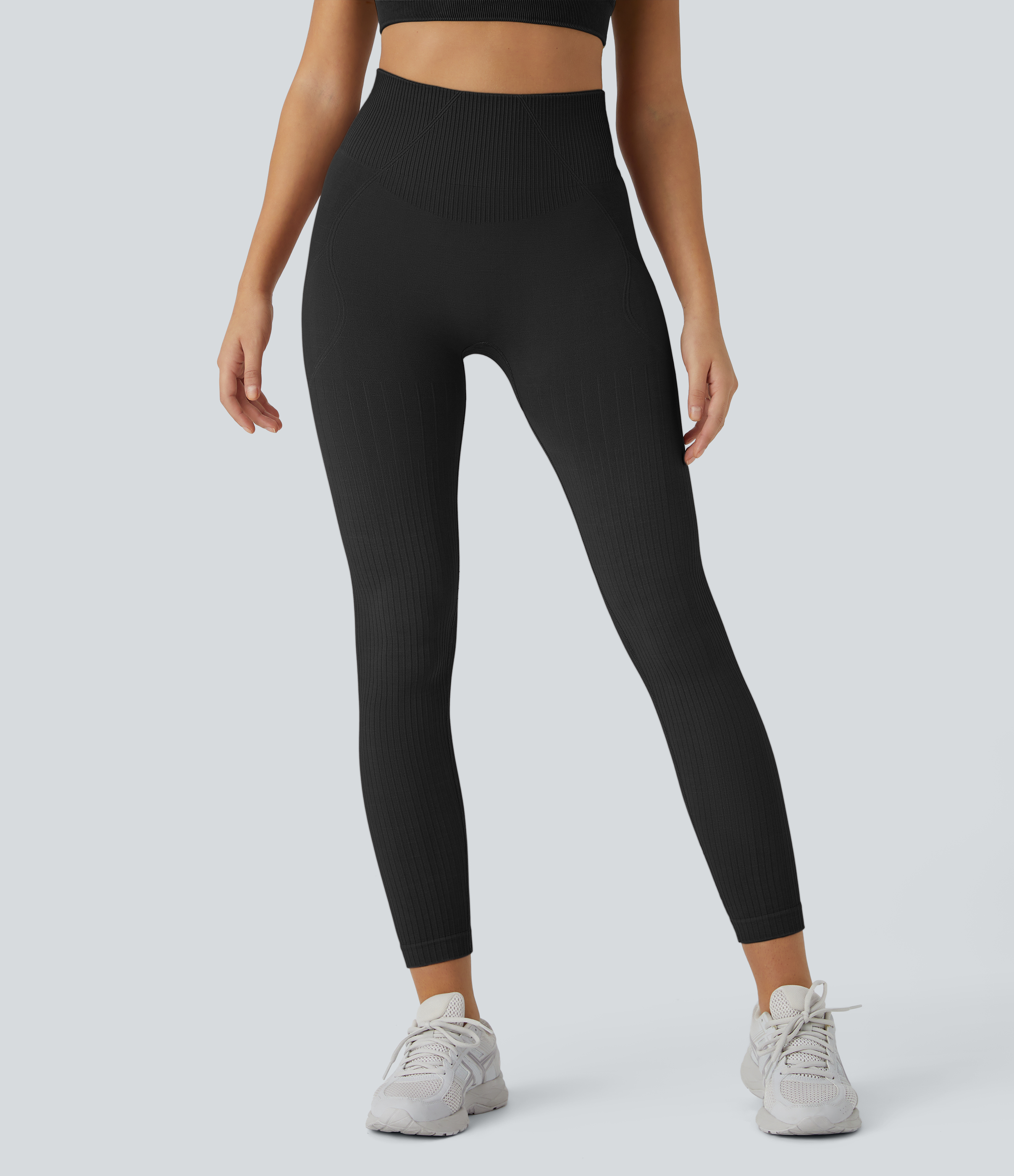 Halara Skin Friendly Soft Seamless Flow Ribbed High Waisted Tummy Control Butt Lifting Training 7/8 Leggings  - Black - S(7/8) gym leggings 