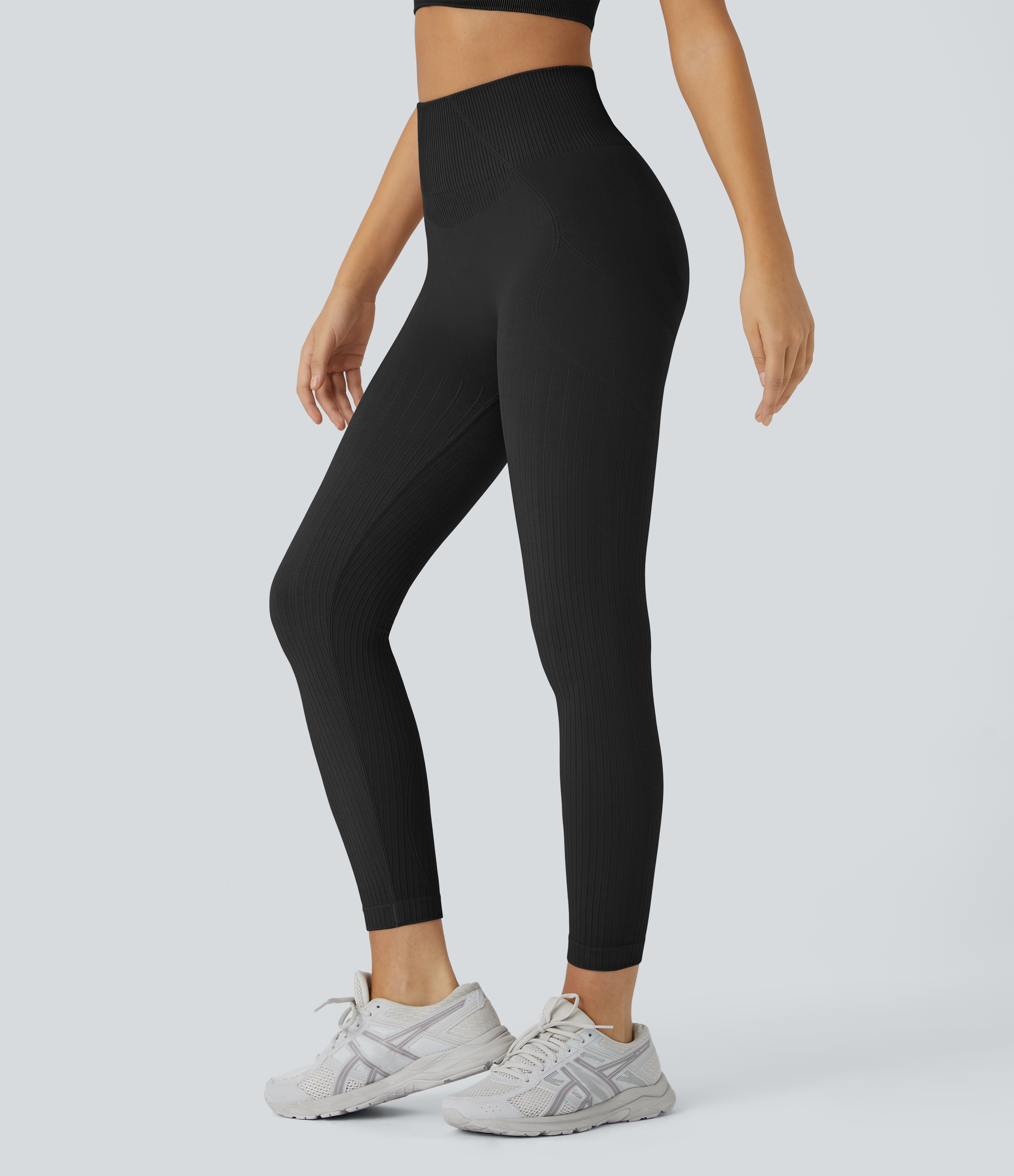 Halara Skin Friendly Soft Seamless Flow Ribbed High Waisted Tummy Control Butt Lifting Training 7/8 Leggings  - Black - S(7/8) gym leggings 