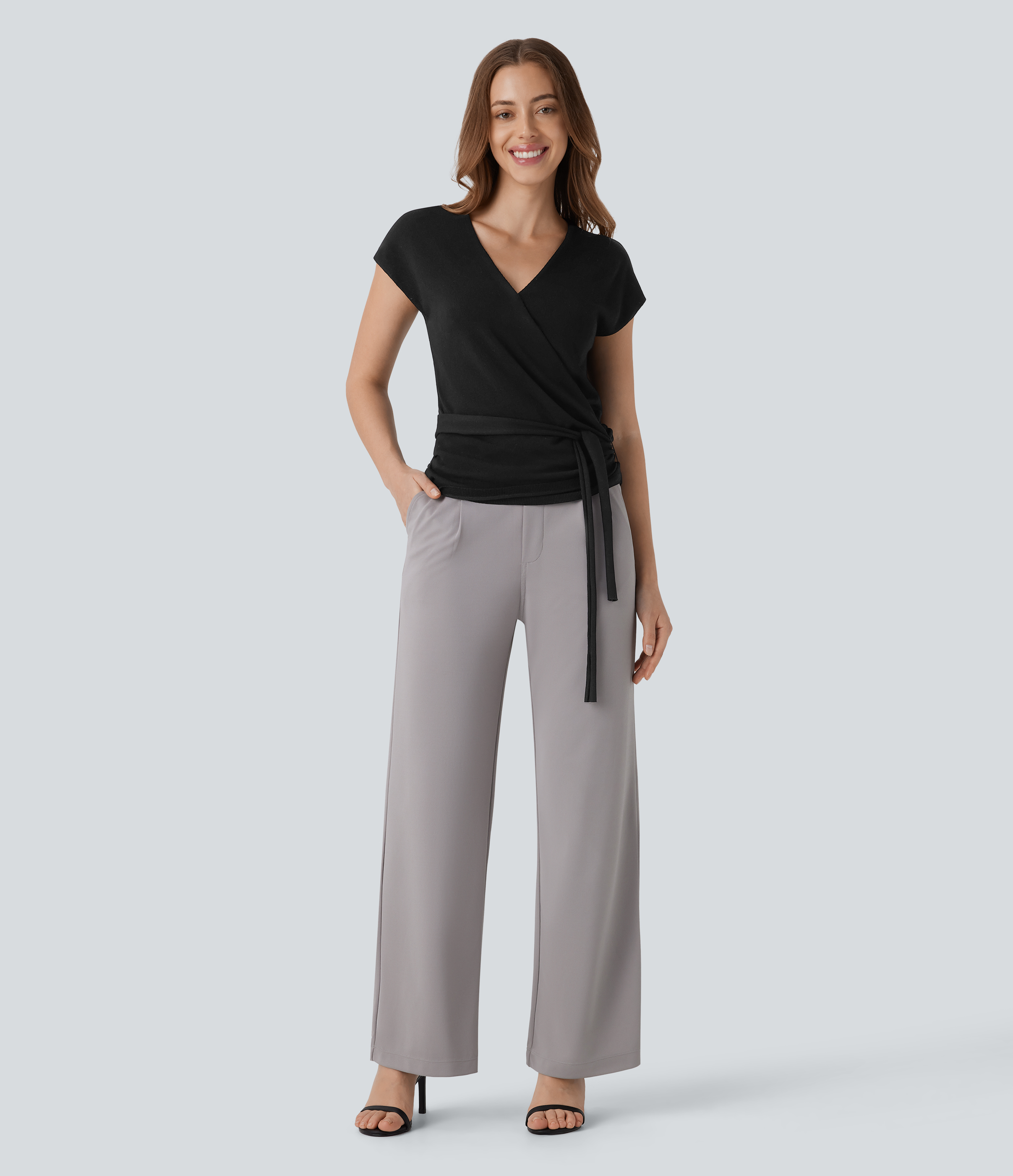 Halara V Neck Crossover Short Sleeve Belted Work Sweater  - Black - XS 