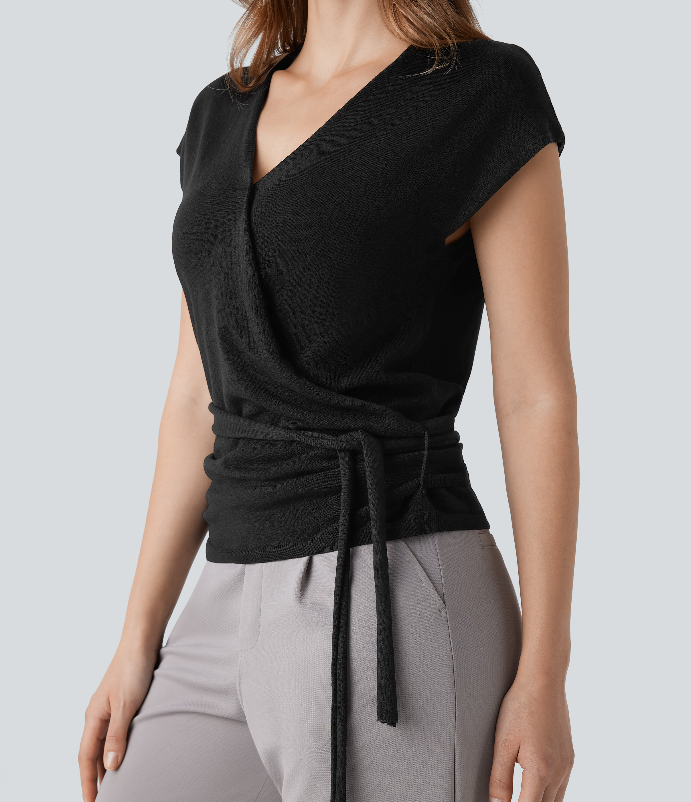 Halara V Neck Crossover Short Sleeve Belted Work Sweater  - Black - XS 