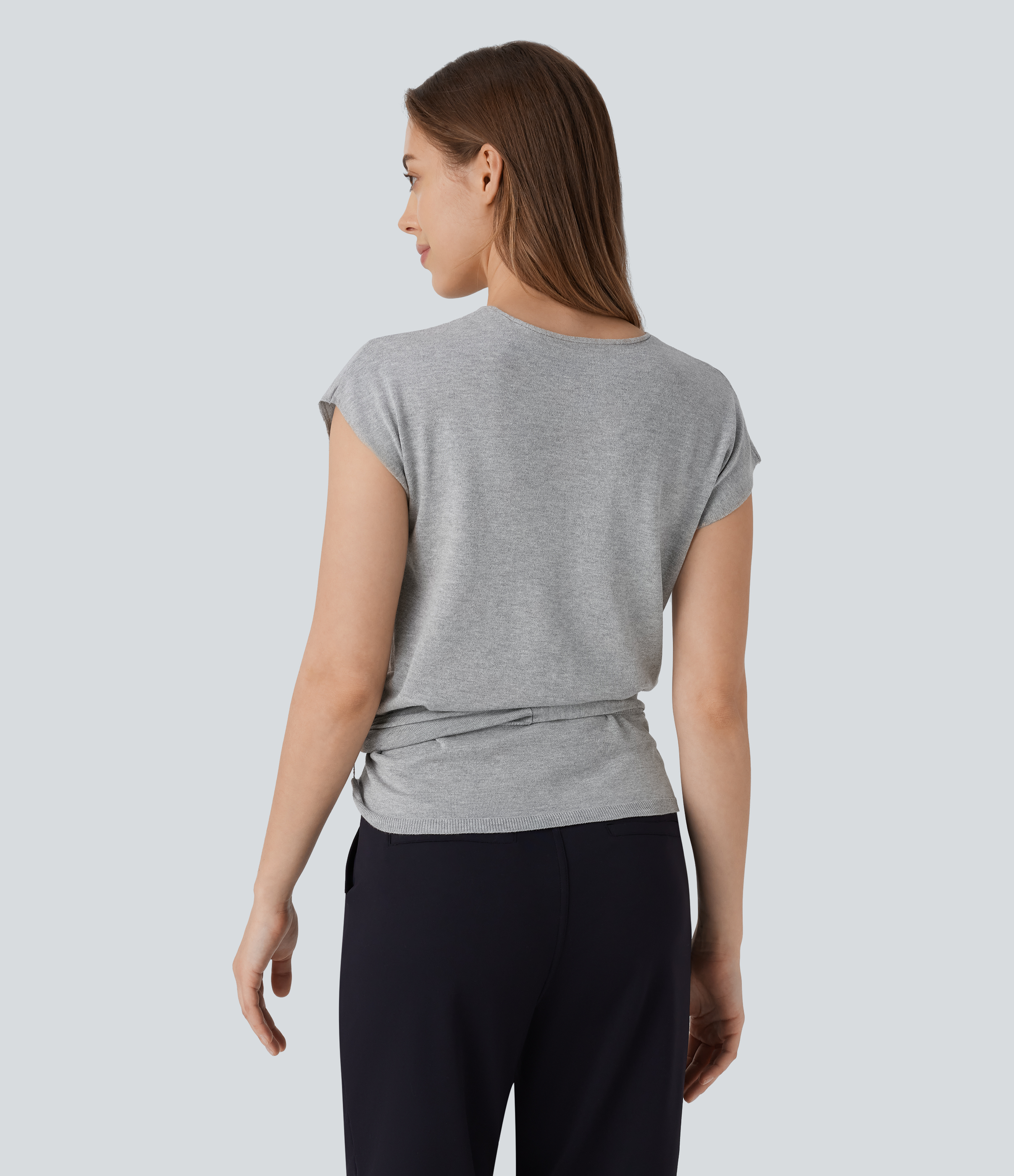 Halara V Neck Crossover Short Sleeve Belted Work Sweater  - Lunar Rock - L 