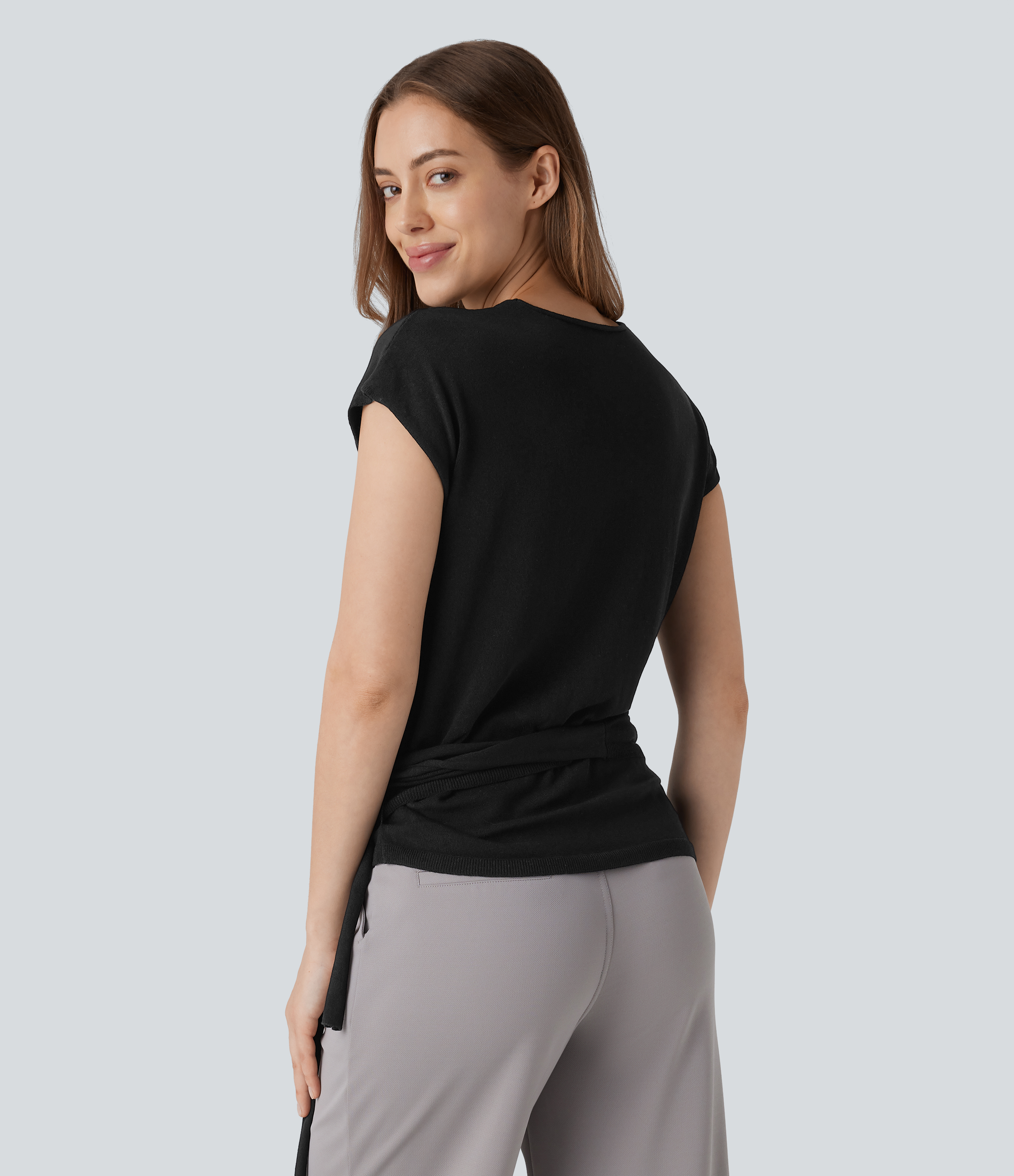 Halara V Neck Crossover Short Sleeve Belted Work Sweater  - Black - XS 
