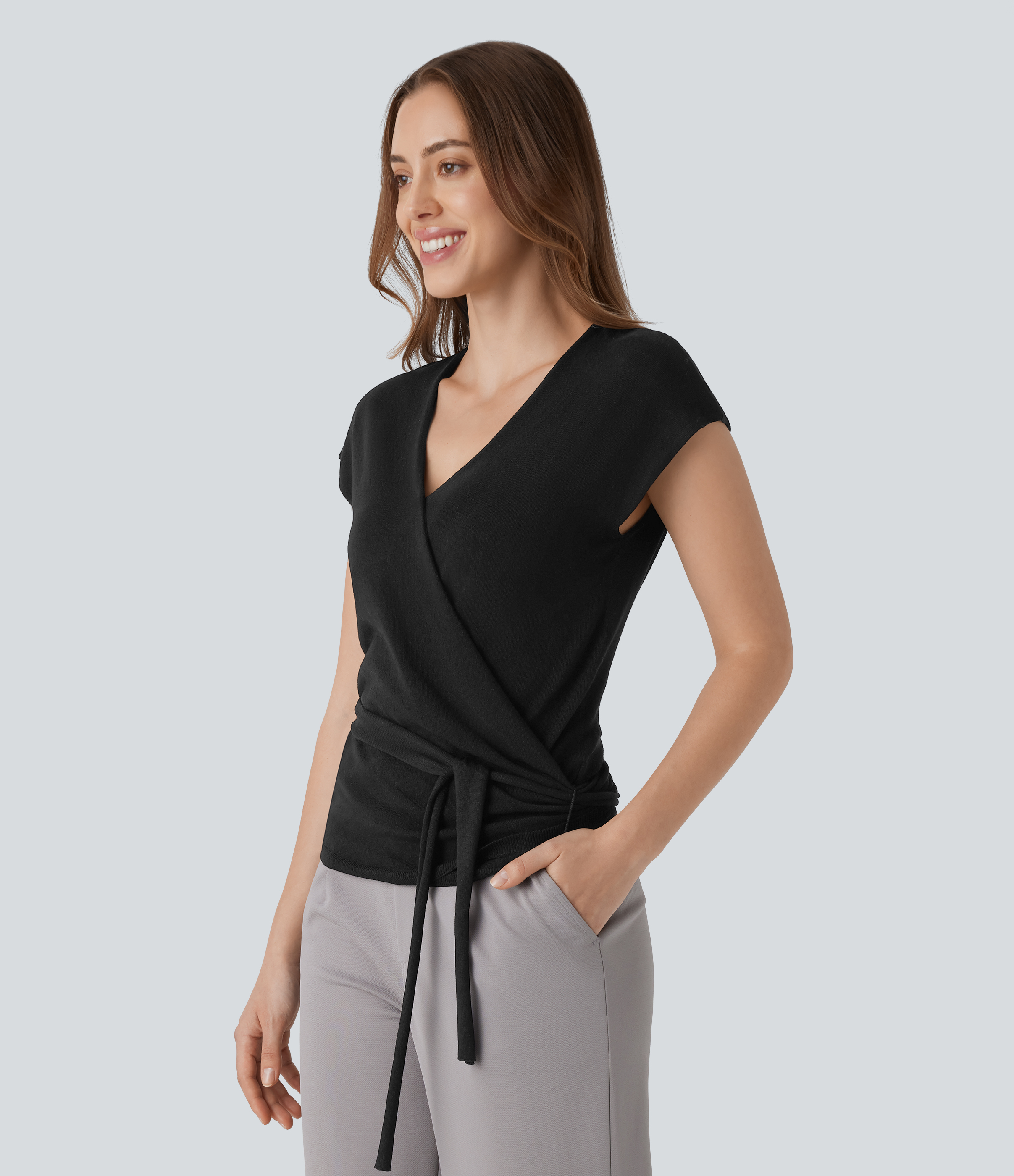 Halara V Neck Crossover Short Sleeve Belted Work Sweater  - Black - XS 