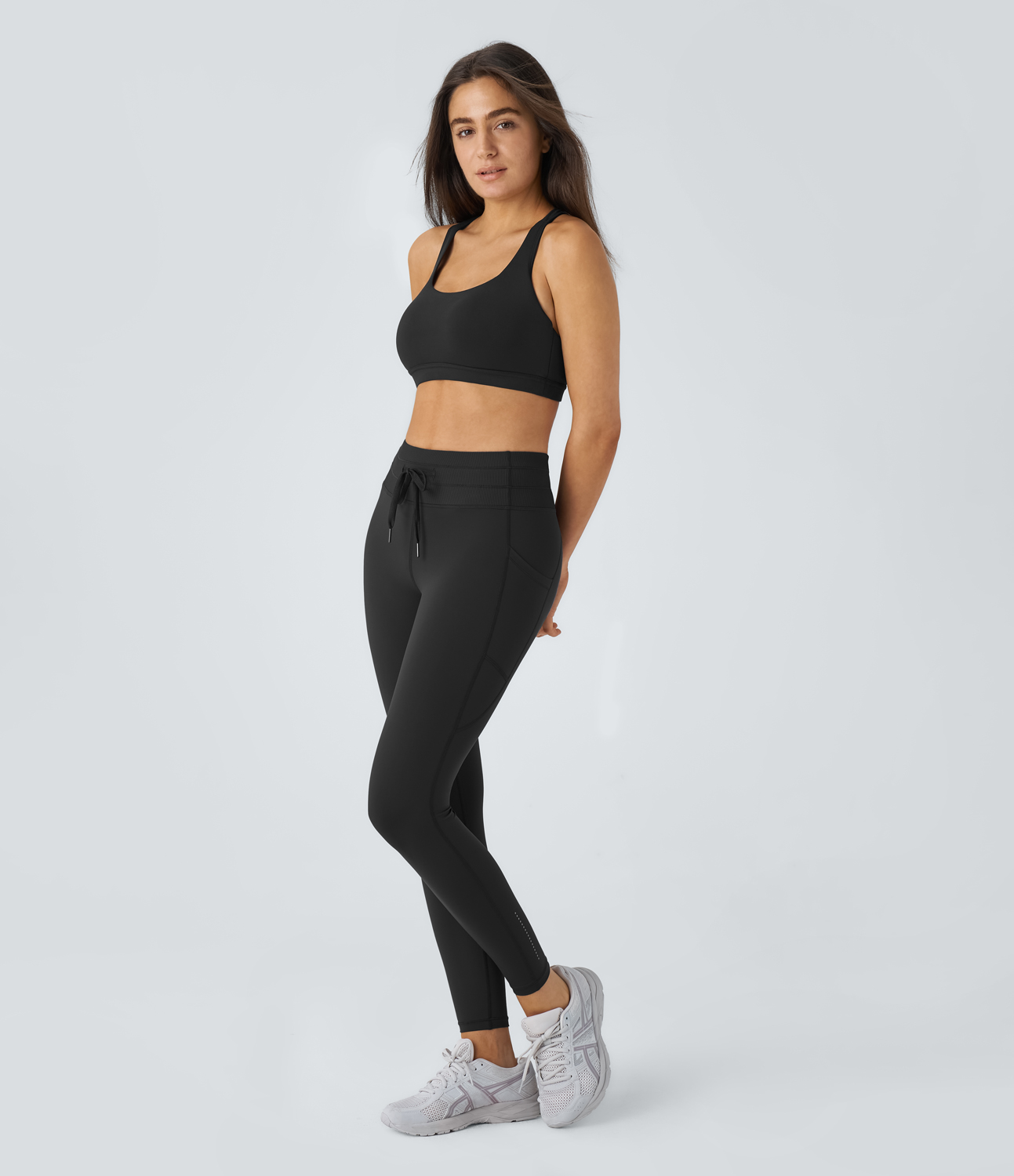 Halara UltraSculpt Reflective Ribbed High Waisted Drawstring Side Pocket Running 7/8 Leggings  - Black - M(7/8) gym leggings 