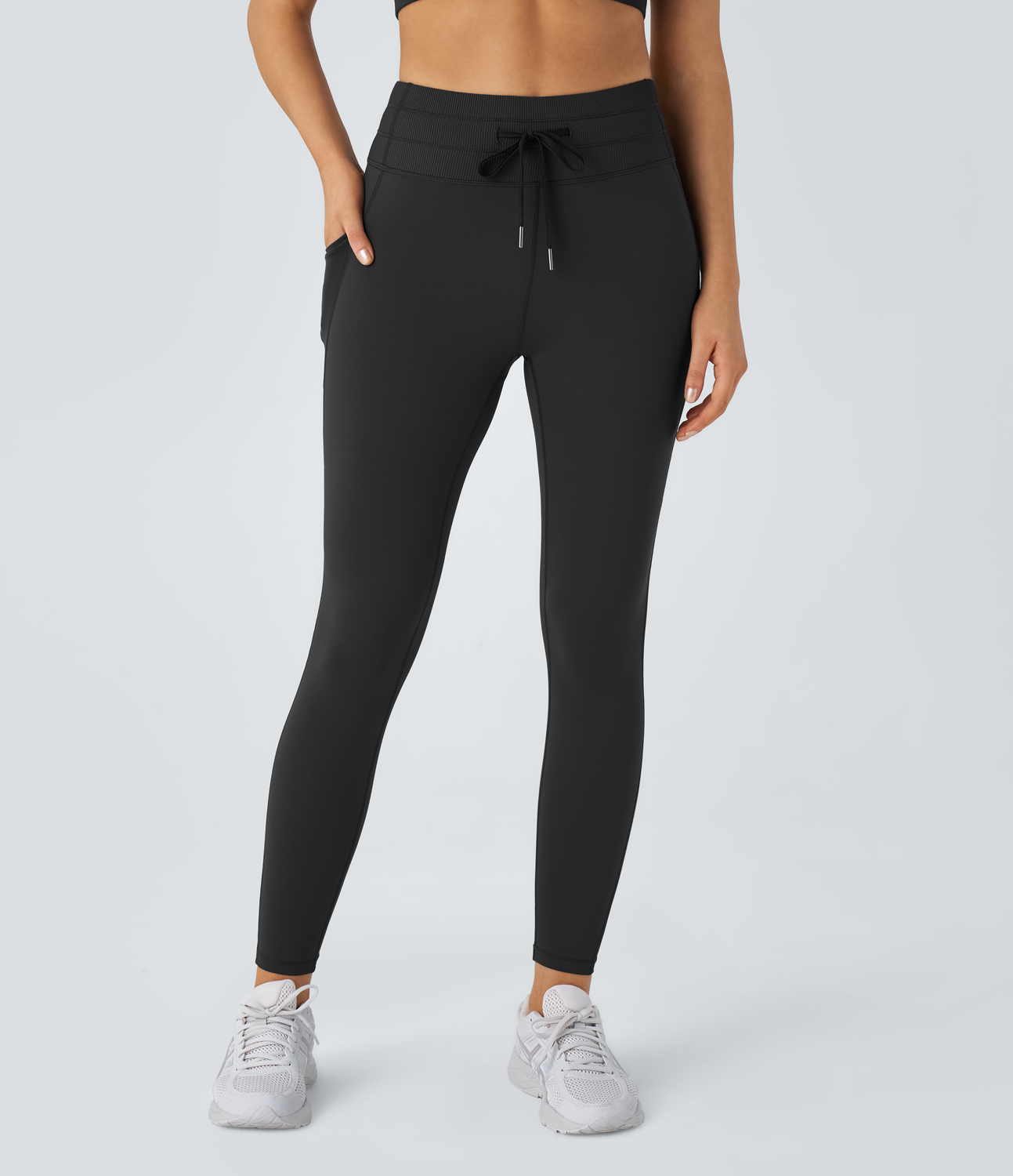 Halara UltraSculpt Reflective Ribbed High Waisted Drawstring Side Pocket Running 7/8 Leggings  - Black - M(7/8) gym leggings 