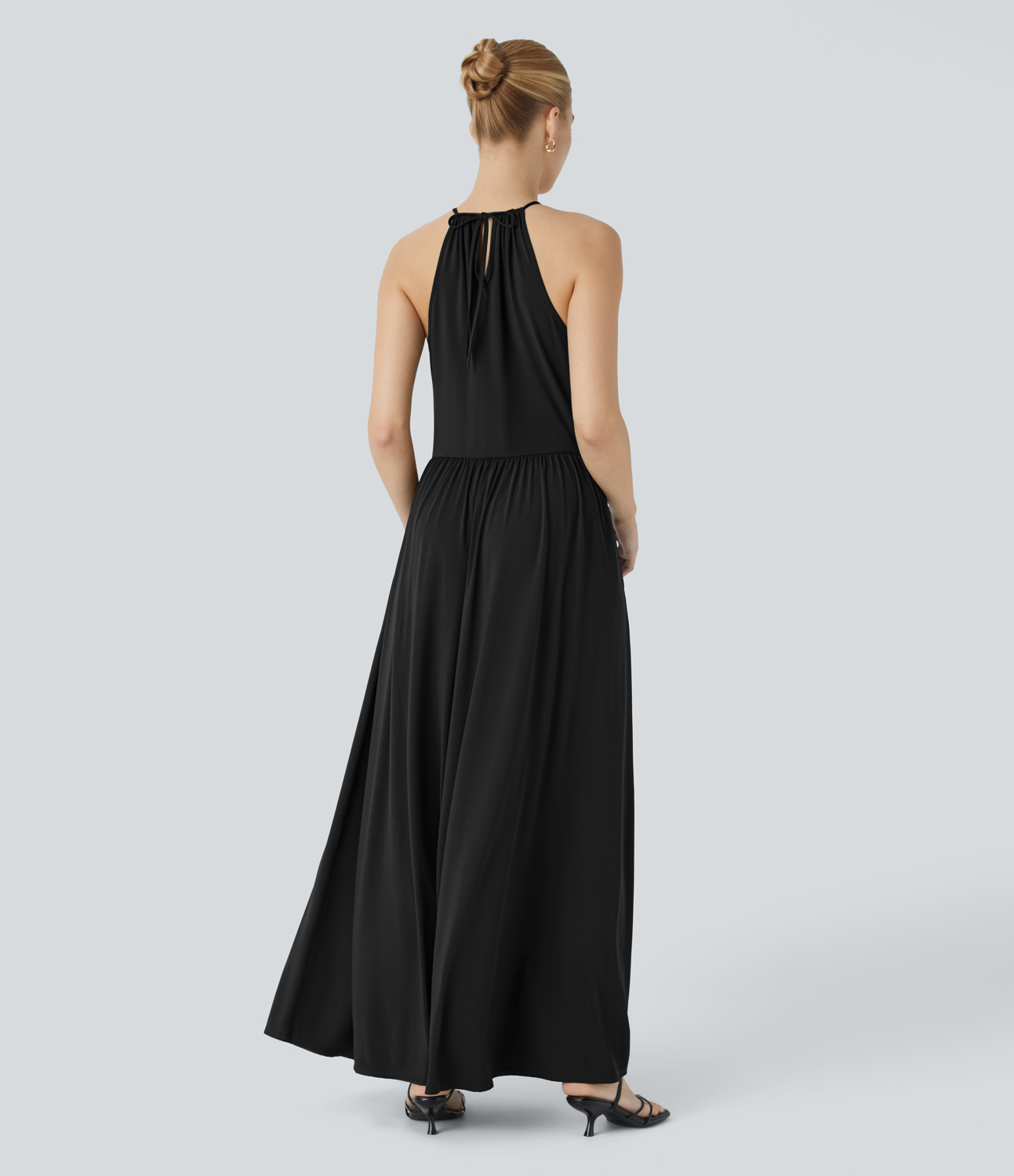 Halara Adjustable Halter Tie Back Side Pocket Split Hem Flowy Maxi Party Dress Casual Dress - Black - XL slip dress beach dress ruched dress 
