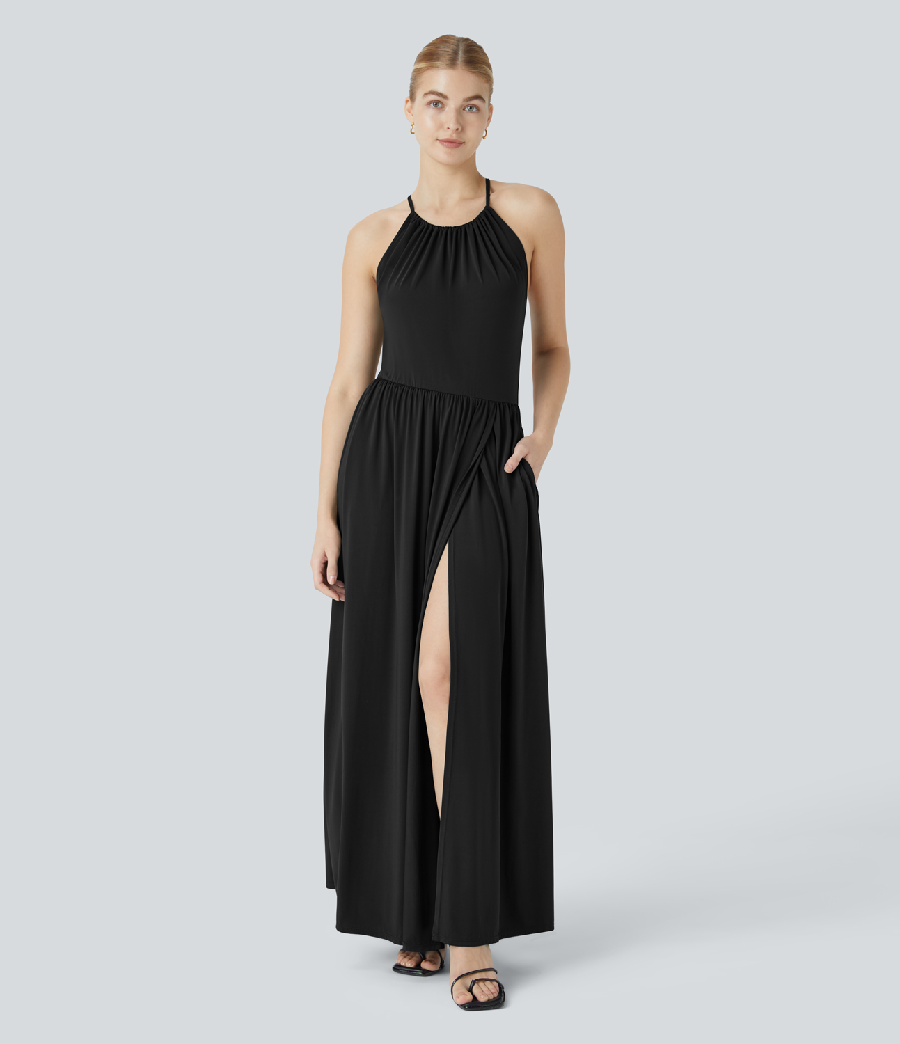 Halara Adjustable Halter Tie Back Side Pocket Split Hem Flowy Maxi Party Dress Casual Dress - Black - XL slip dress beach dress ruched dress 