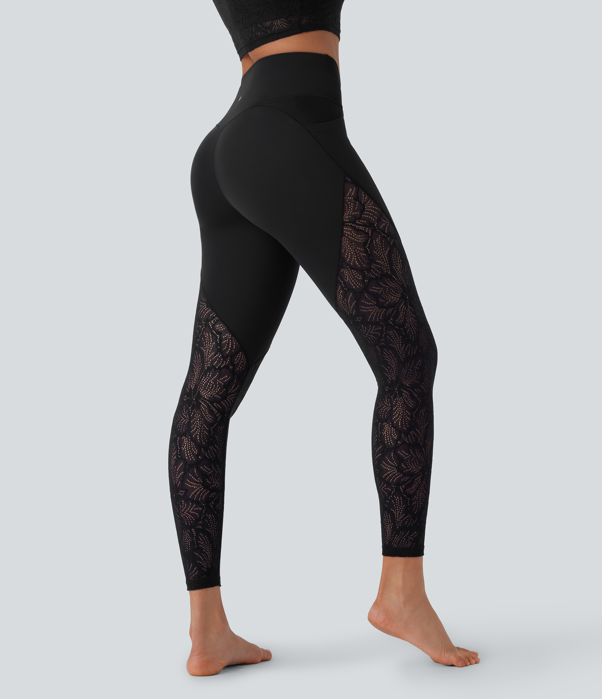 Halara Softlyzeroв„ў High Waisted Crossover Side Pocket Contrast Lace 7/8 Yoga Leggings-UPF50+  - Black - S(7/8) gym leggings 