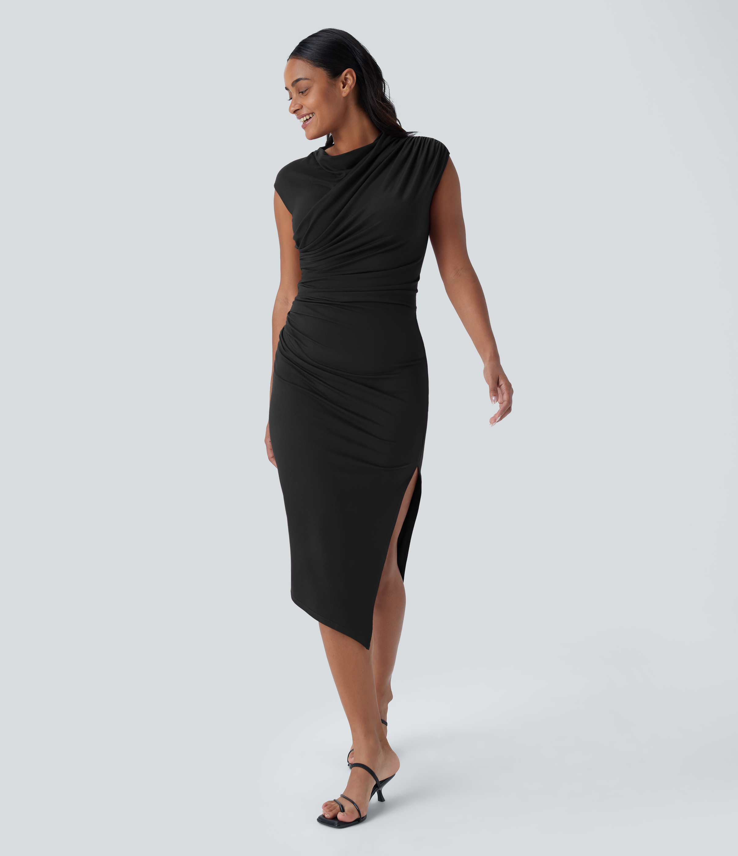 Halara Cowl Neck Cap Sleeve Ruched Split Midi Casual Dress Casual Dress - Black - XS slip dress beach dress ruched dress halter dress 