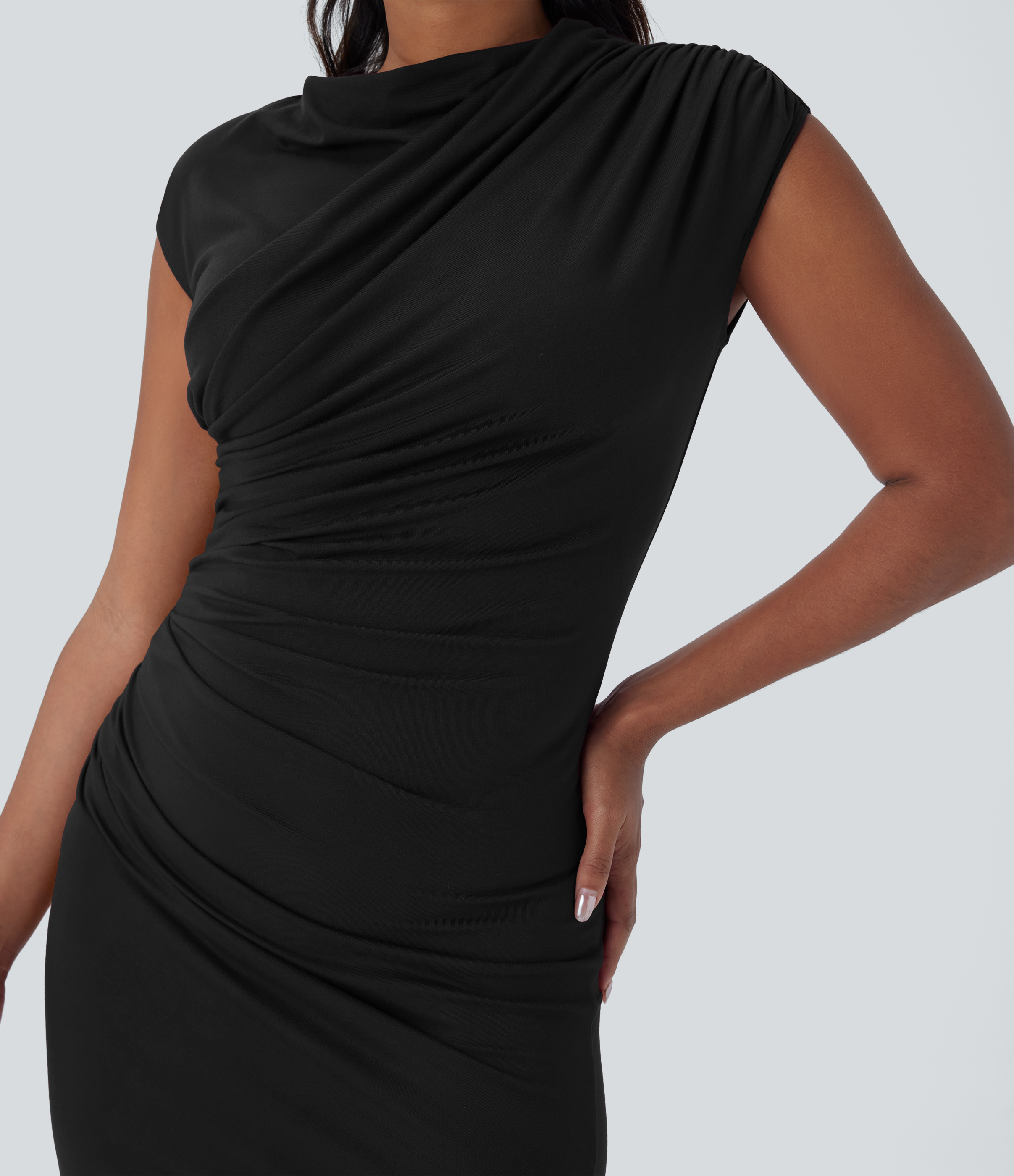 Halara Cowl Neck Cap Sleeve Ruched Split Midi Casual Dress Casual Dress - Black - XS slip dress beach dress ruched dress halter dress 