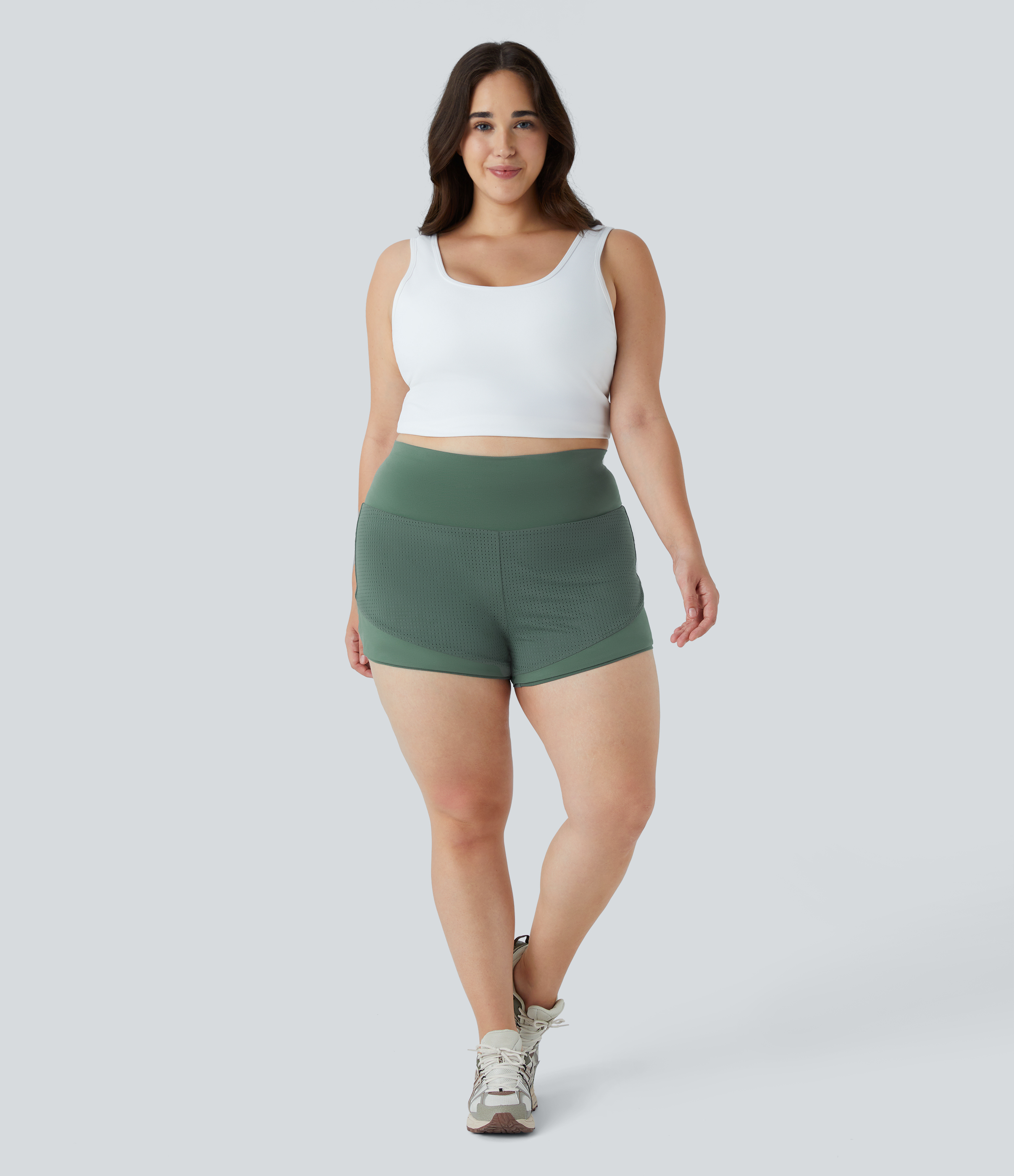 Halara High Waisted Back Waistband Pocket 2-in-1 Yoga Plus Size Shorts  - Duck Green - 1X 
