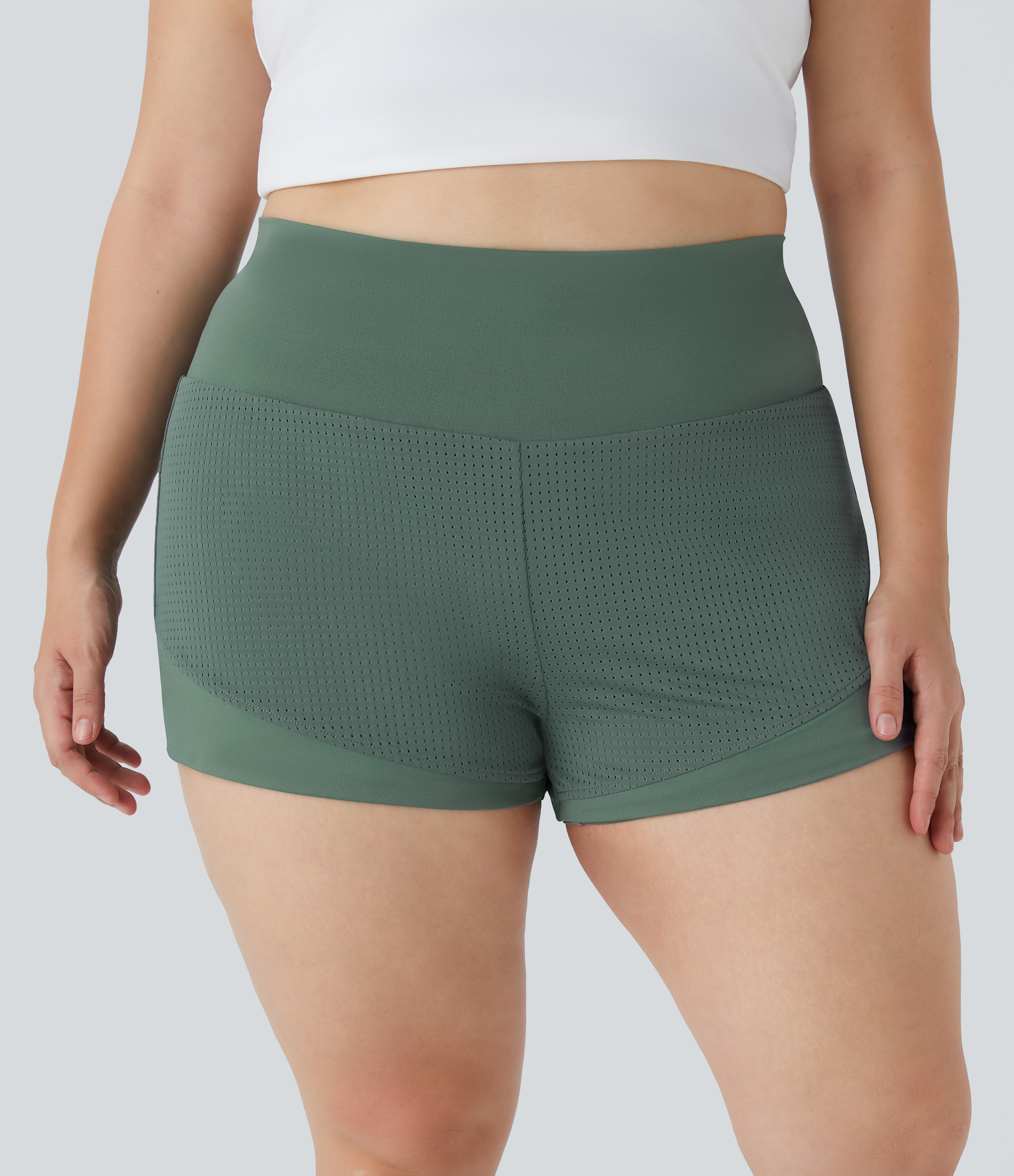 Halara High Waisted Back Waistband Pocket 2-in-1 Yoga Plus Size Shorts  - Duck Green - 1X 