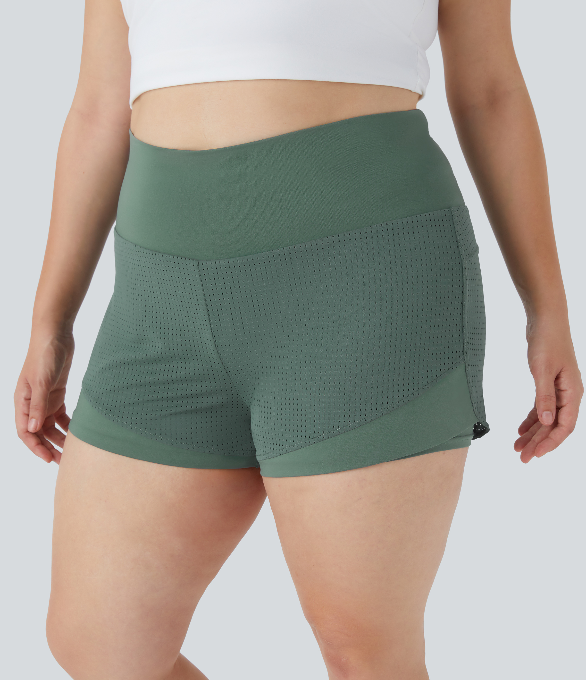 Halara High Waisted Back Waistband Pocket 2-in-1 Yoga Plus Size Shorts  - Duck Green - 1X 