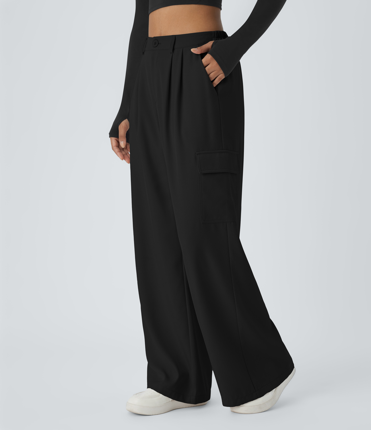 Halara High Waisted Button Zipper Plicated Multiple Pockets Wide Leg Casual Cargo Pants  - Black - M(regular) sweatpants jogger pants 