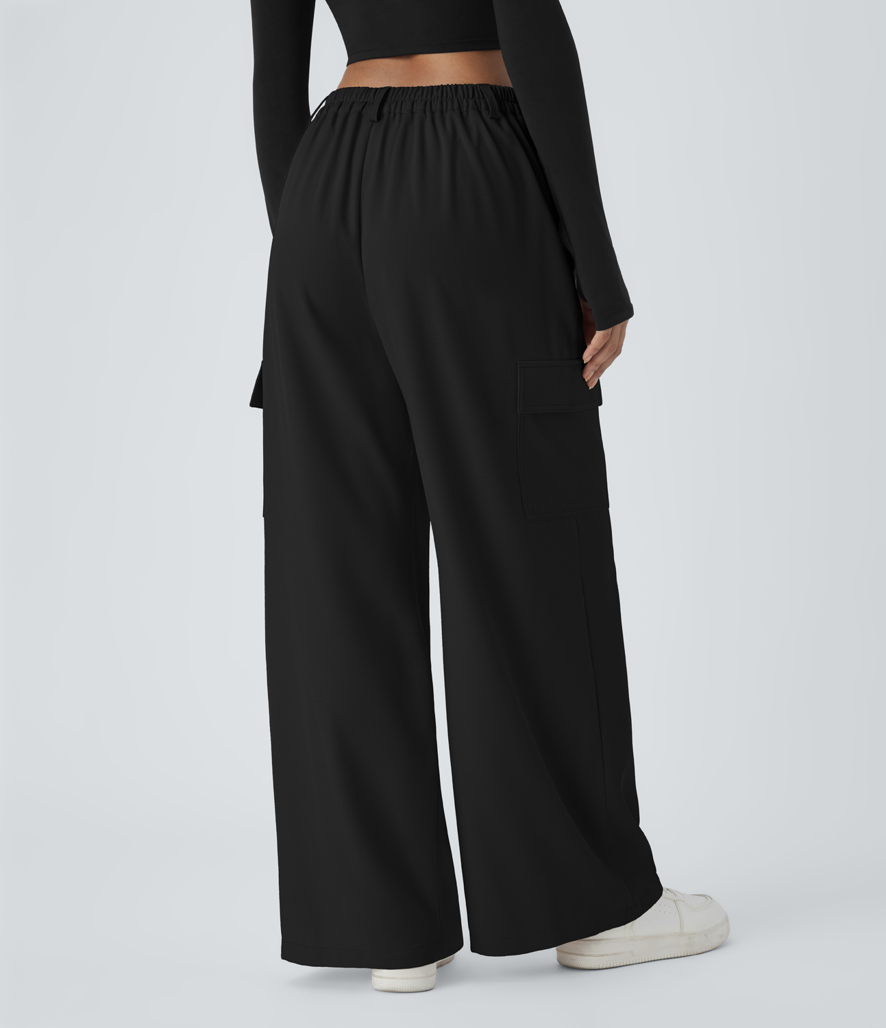 Halara High Waisted Button Zipper Plicated Multiple Pockets Wide Leg Casual Cargo Pants  - Black - M(regular) sweatpants jogger pants 