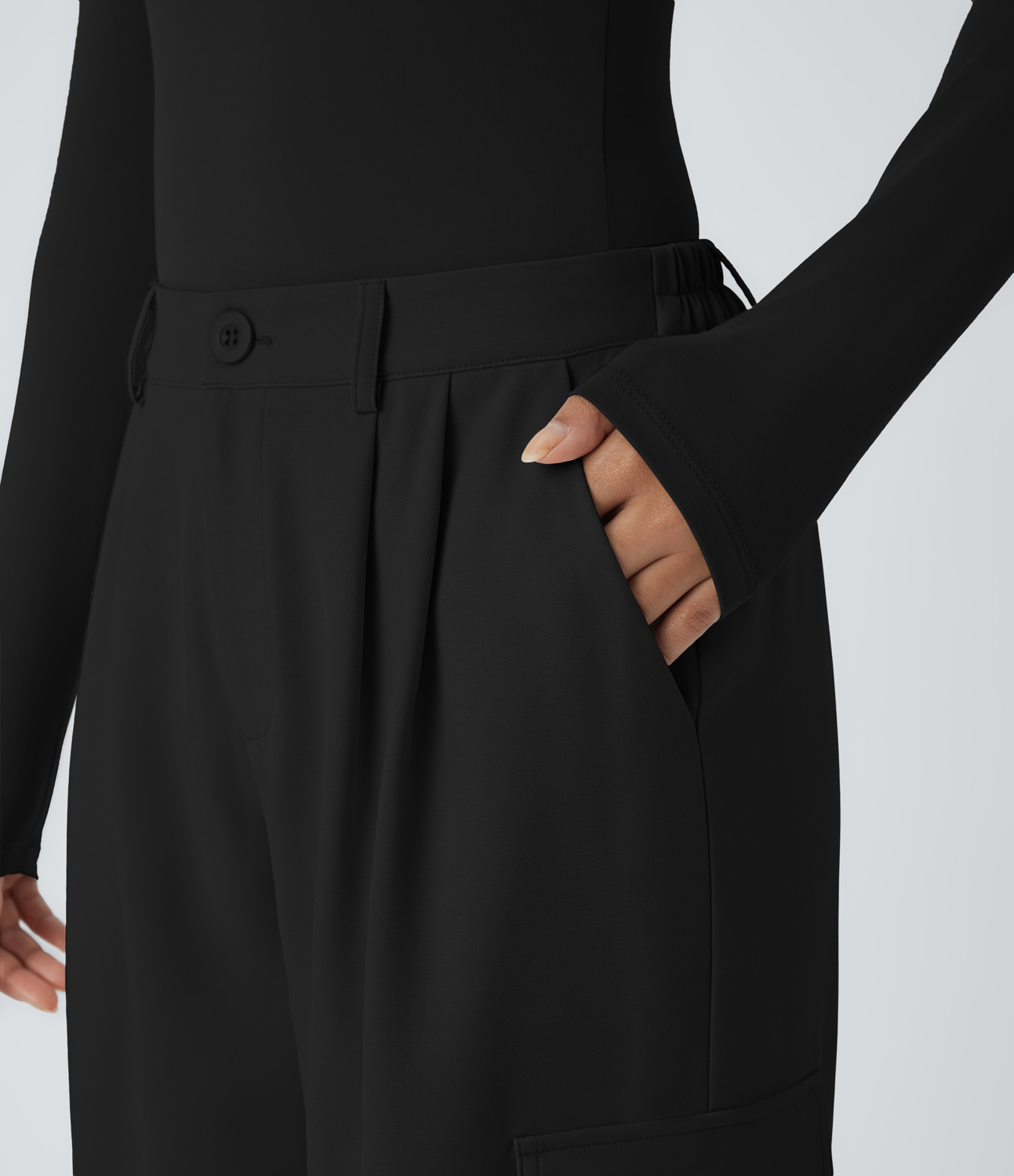 Halara High Waisted Button Zipper Plicated Multiple Pockets Wide Leg Casual Cargo Pants  - Black - M(regular) sweatpants jogger pants 