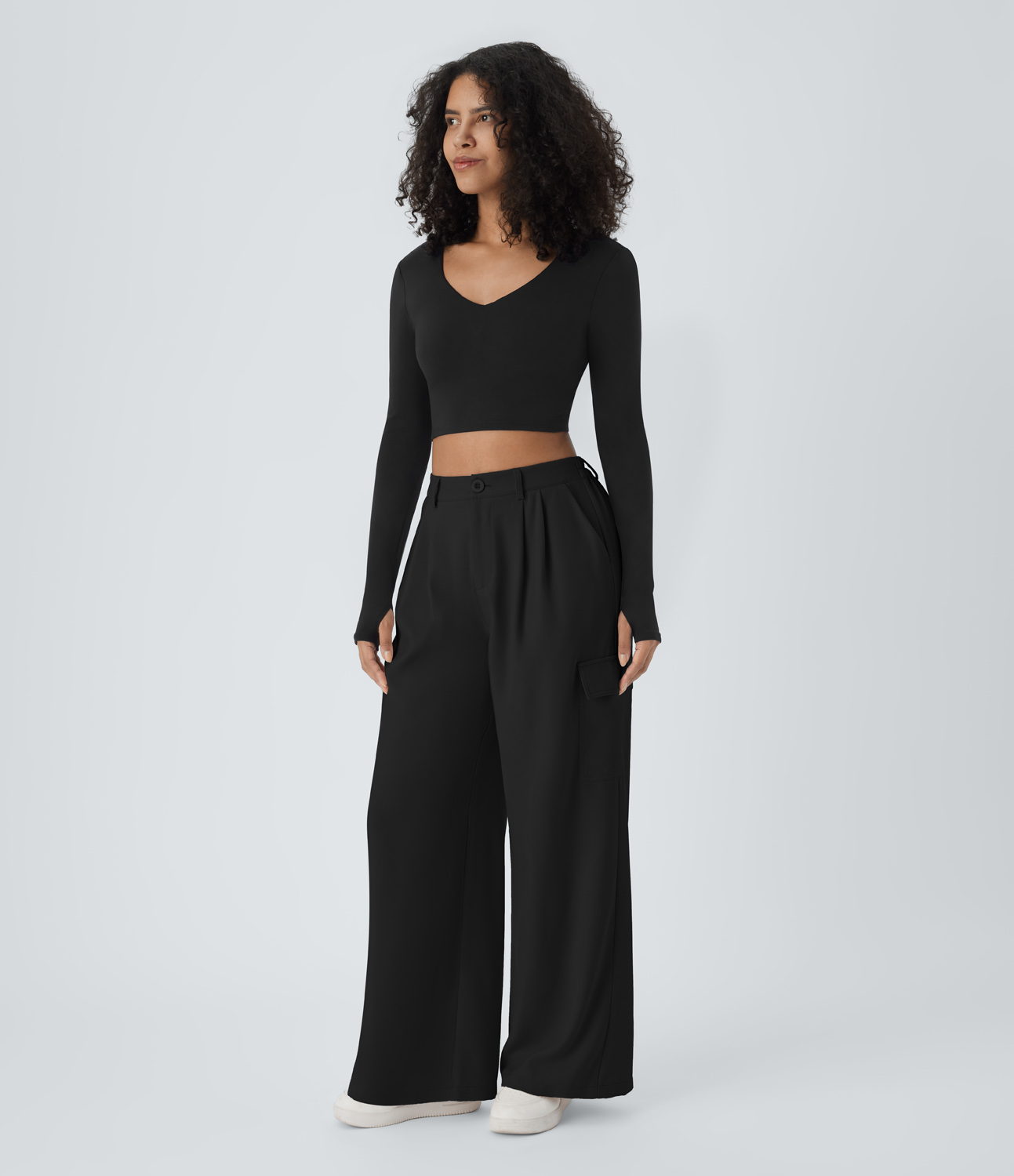 Halara High Waisted Button Zipper Plicated Multiple Pockets Wide Leg Casual Cargo Pants  - Black - M(regular) sweatpants jogger pants 