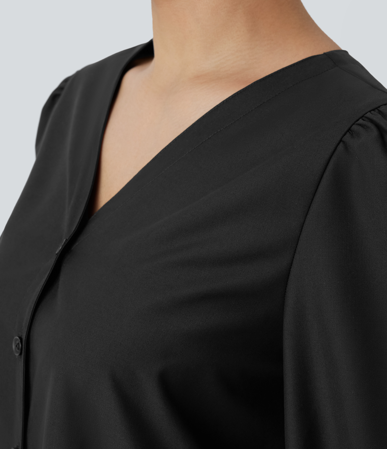 Halara V Neck Button Long Sleeve Work Blouse  - Black - XS 