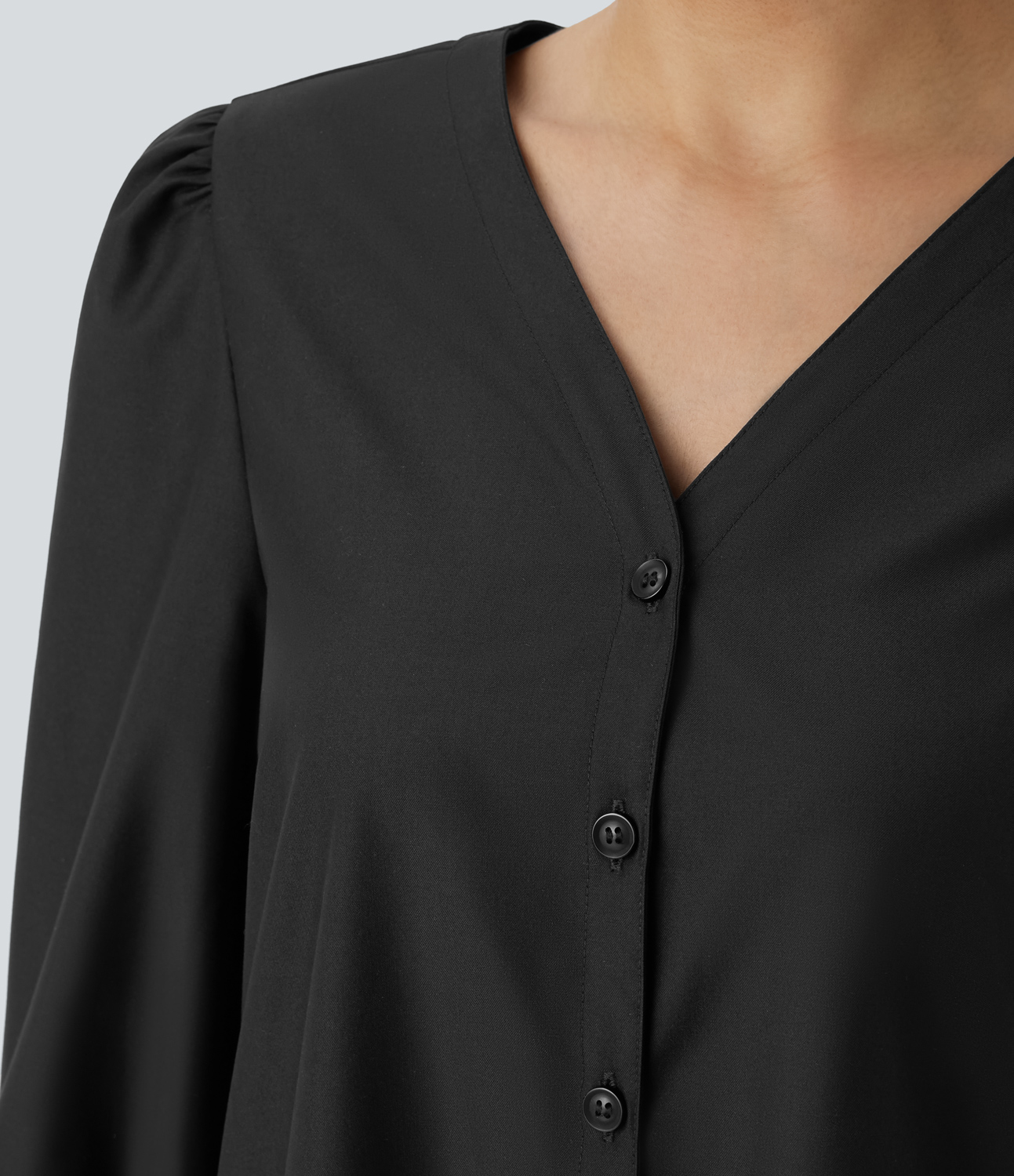 Halara V Neck Button Long Sleeve Work Blouse  - Black - XS 
