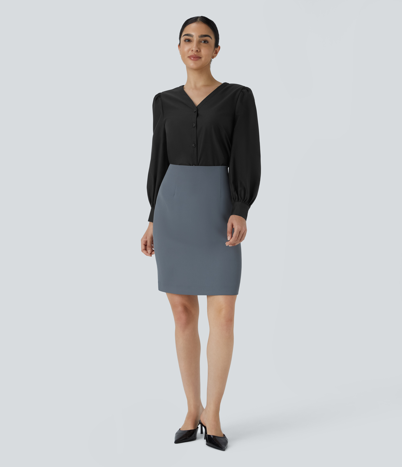 Halara V Neck Button Long Sleeve Work Blouse  - Black - XS 