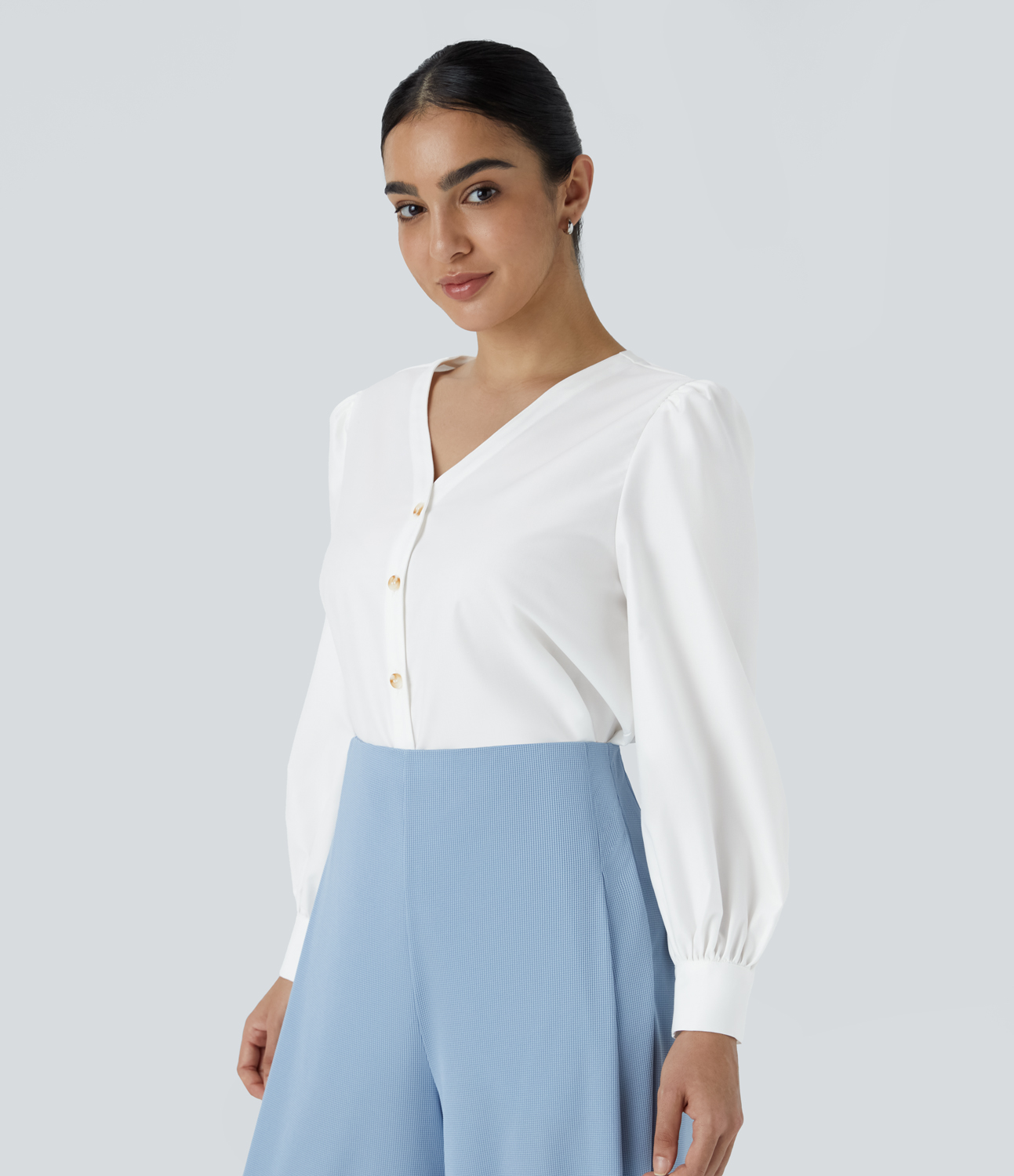 Halara V Neck Button Long Sleeve Work Blouse  - White - S 