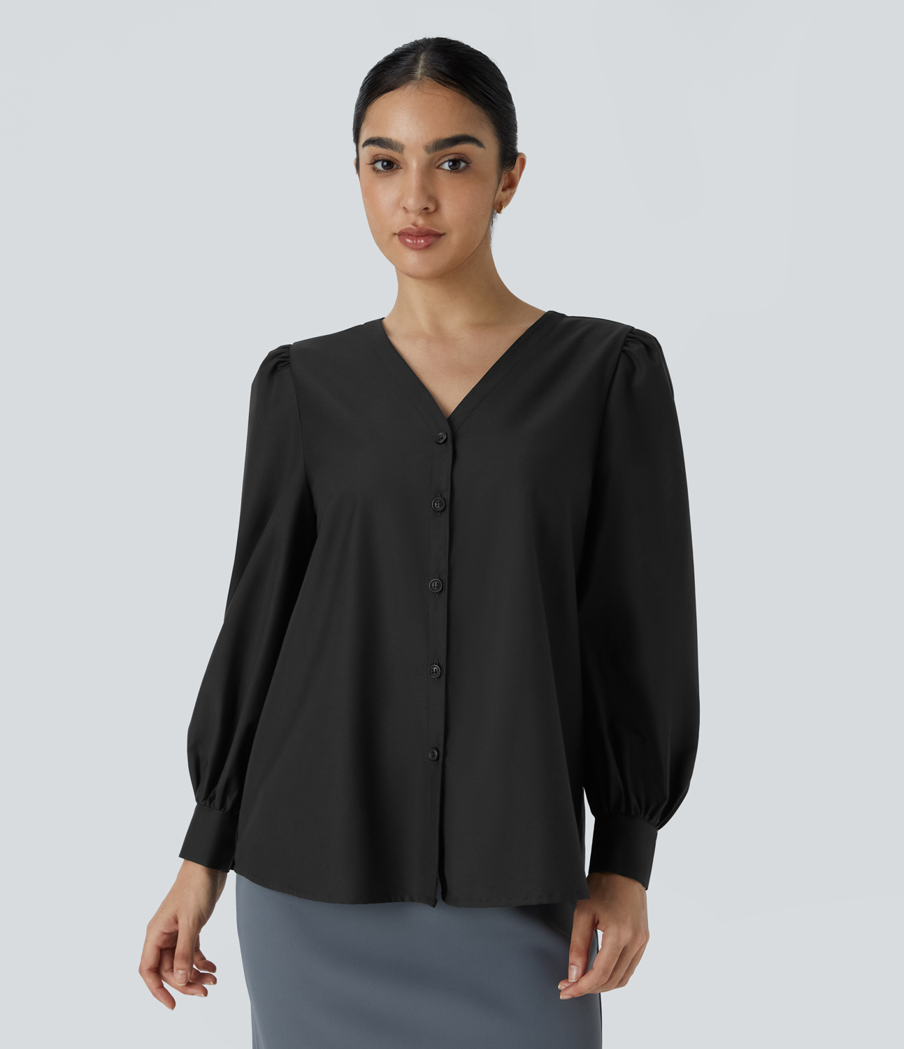 Halara V Neck Button Long Sleeve Work Blouse  - Black - XS 