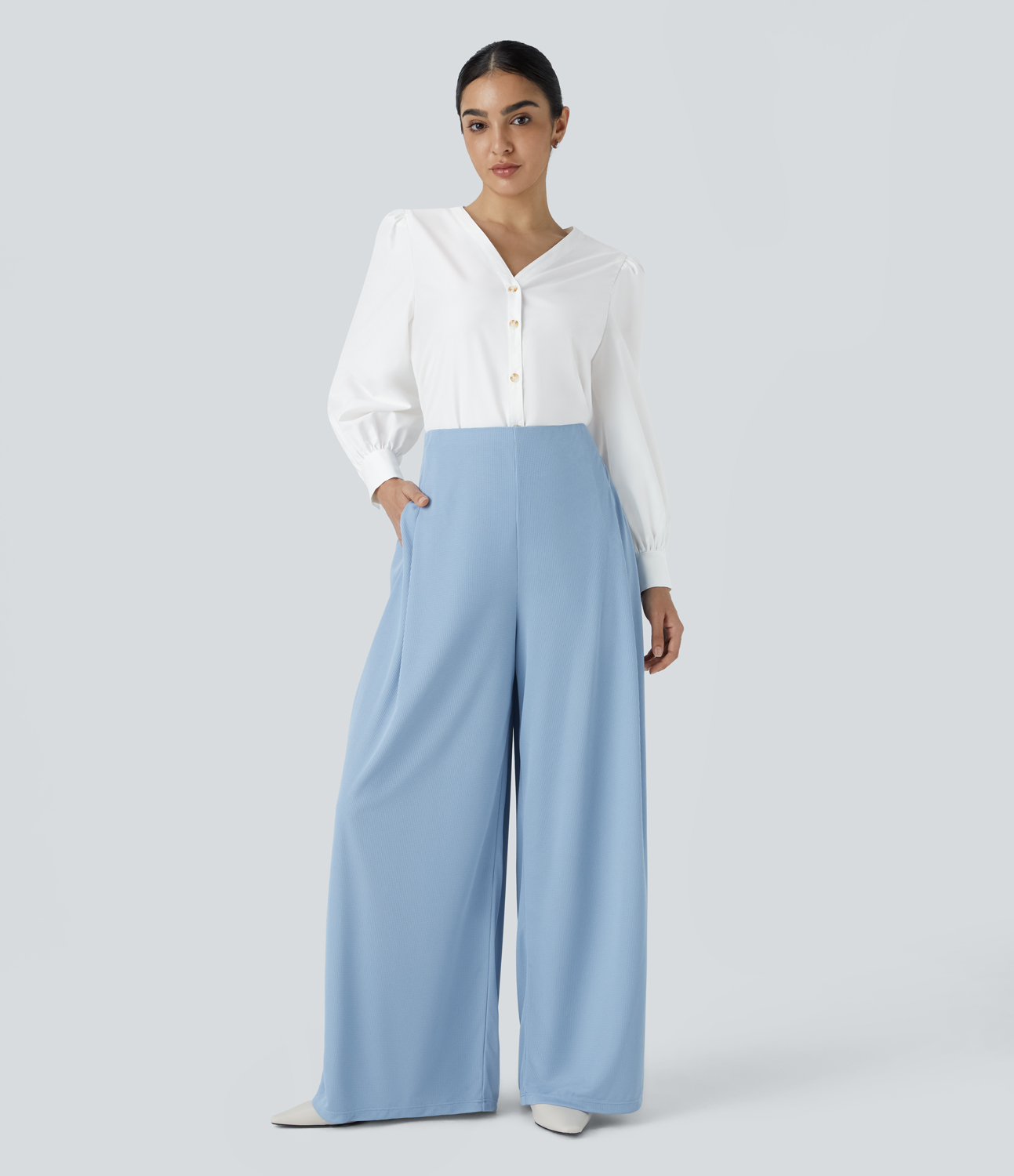 Halara V Neck Button Long Sleeve Work Blouse  - White - S 