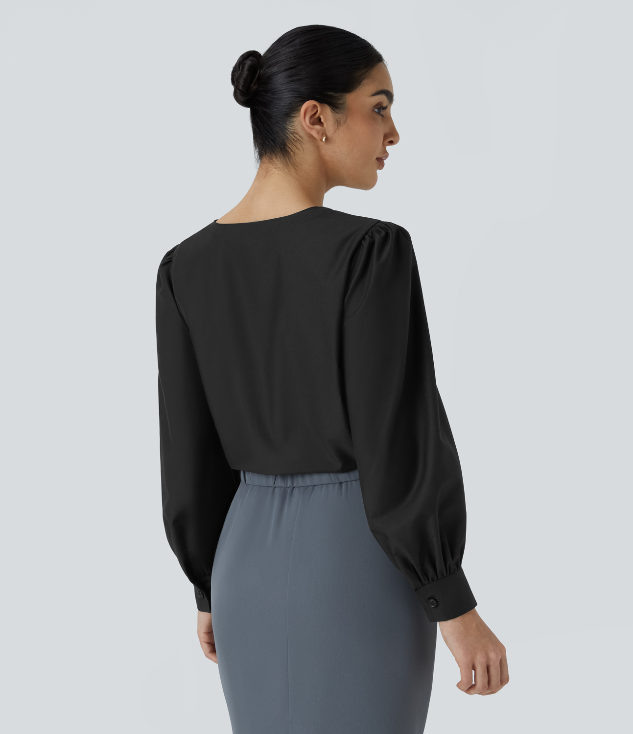 Halara V Neck Button Long Sleeve Work Blouse  - Black - XS 