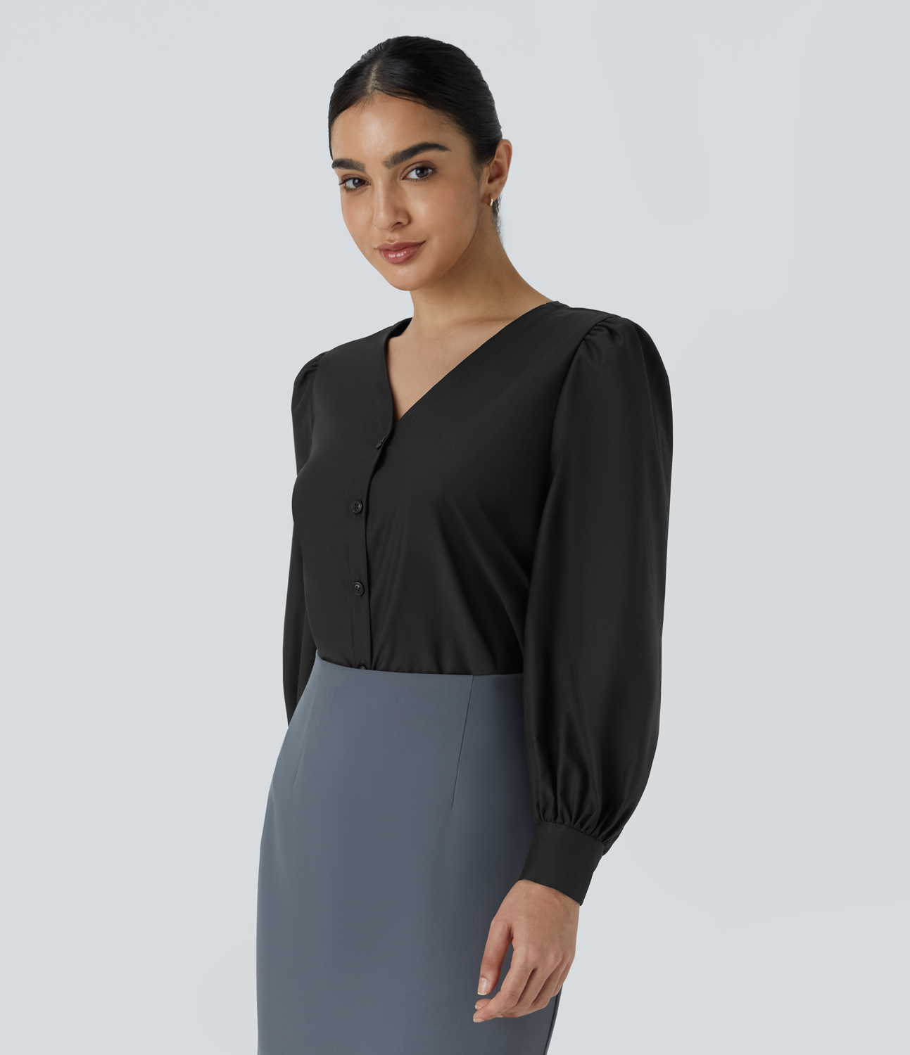 Halara V Neck Button Long Sleeve Work Blouse  - Black - XS 