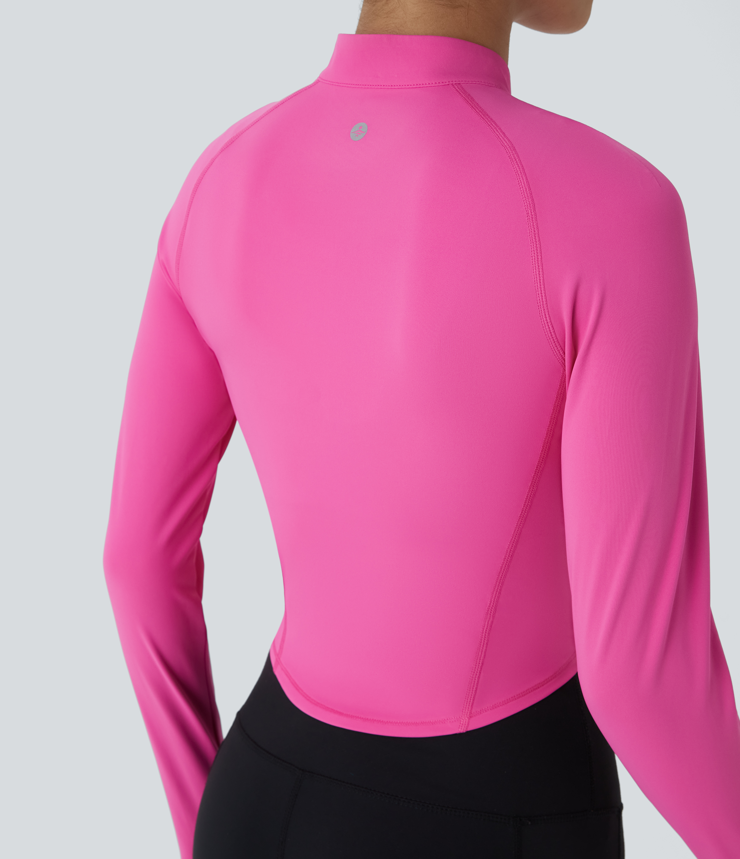 Halara Half Zipper Stand Collar Long Sleeve Thumb Hole Curved Hem Top-stitching Slim Quick Dry Workout Sports Top  - Gorgeous Powder Pink - XL 