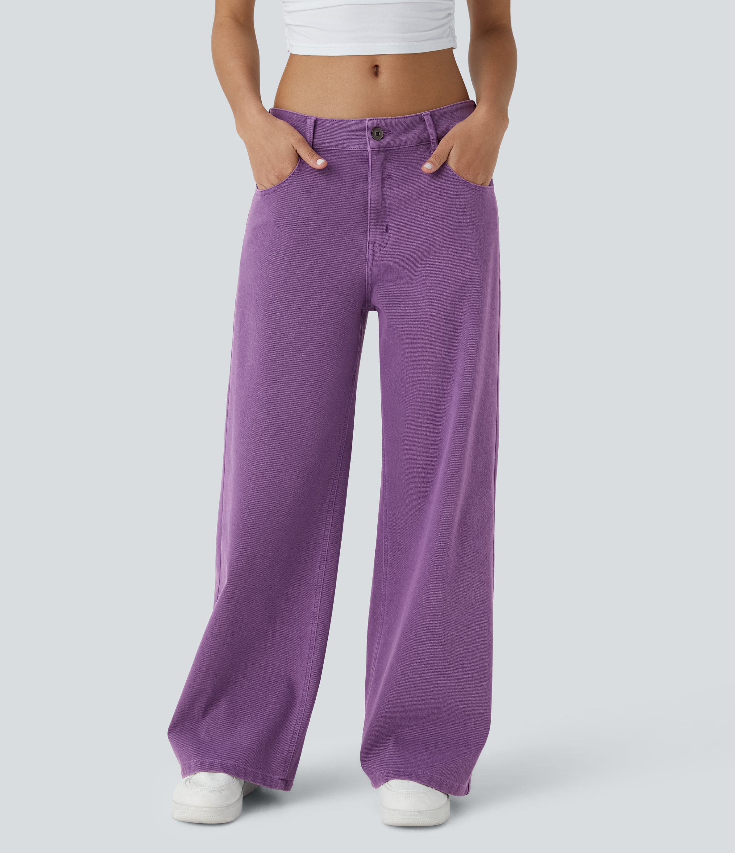 Violet Denim Jeans Baggy Halara Flex™ Denim tiro bajo botón cremallera pierna ancha colorido elástico múltiple bolsillo / 1