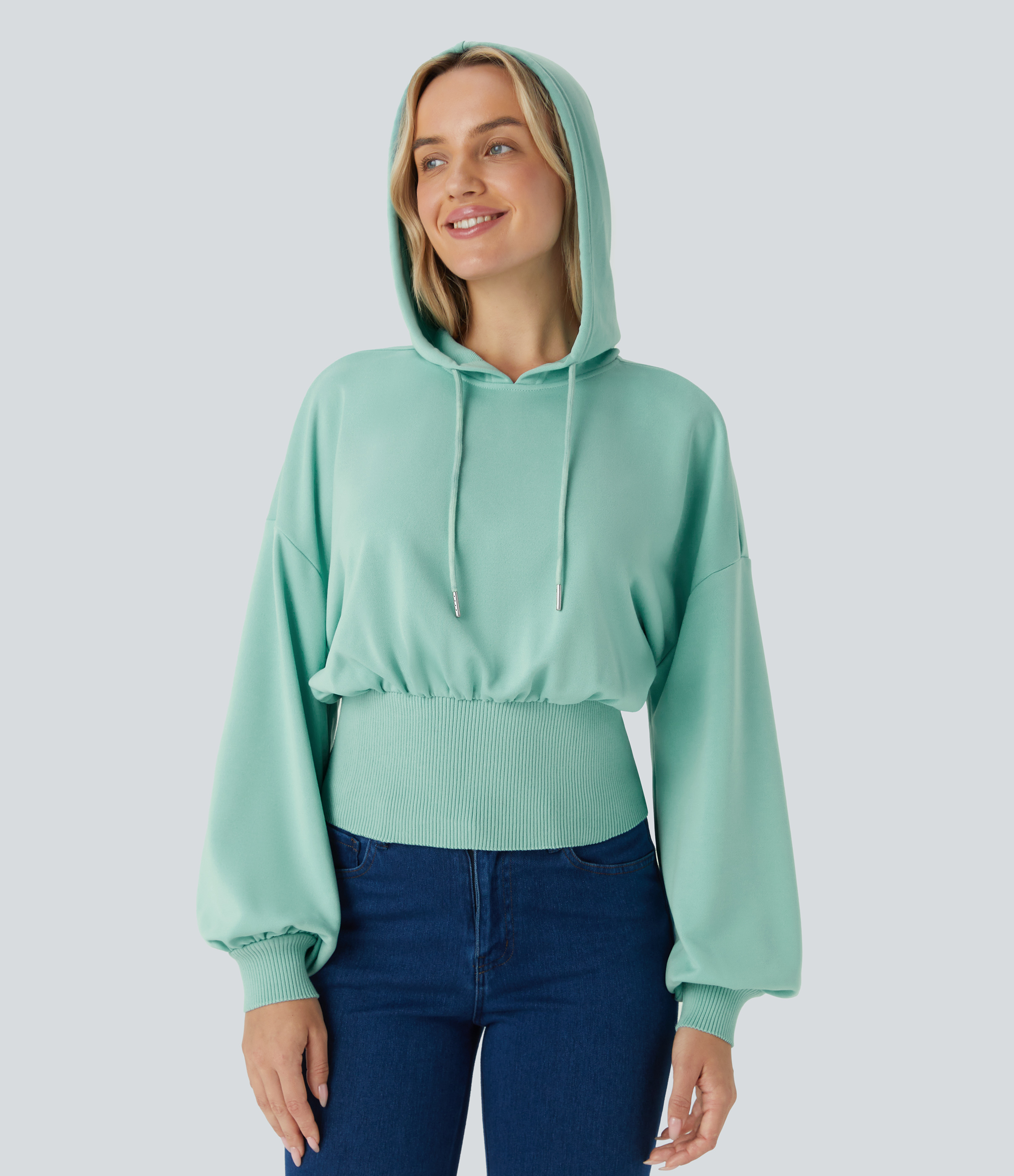 Halara Hooded Drawstring Bishop Sleeve Contrast Ribbed Relaxed Casual Sweatshirt  - Ocean Wave - M 