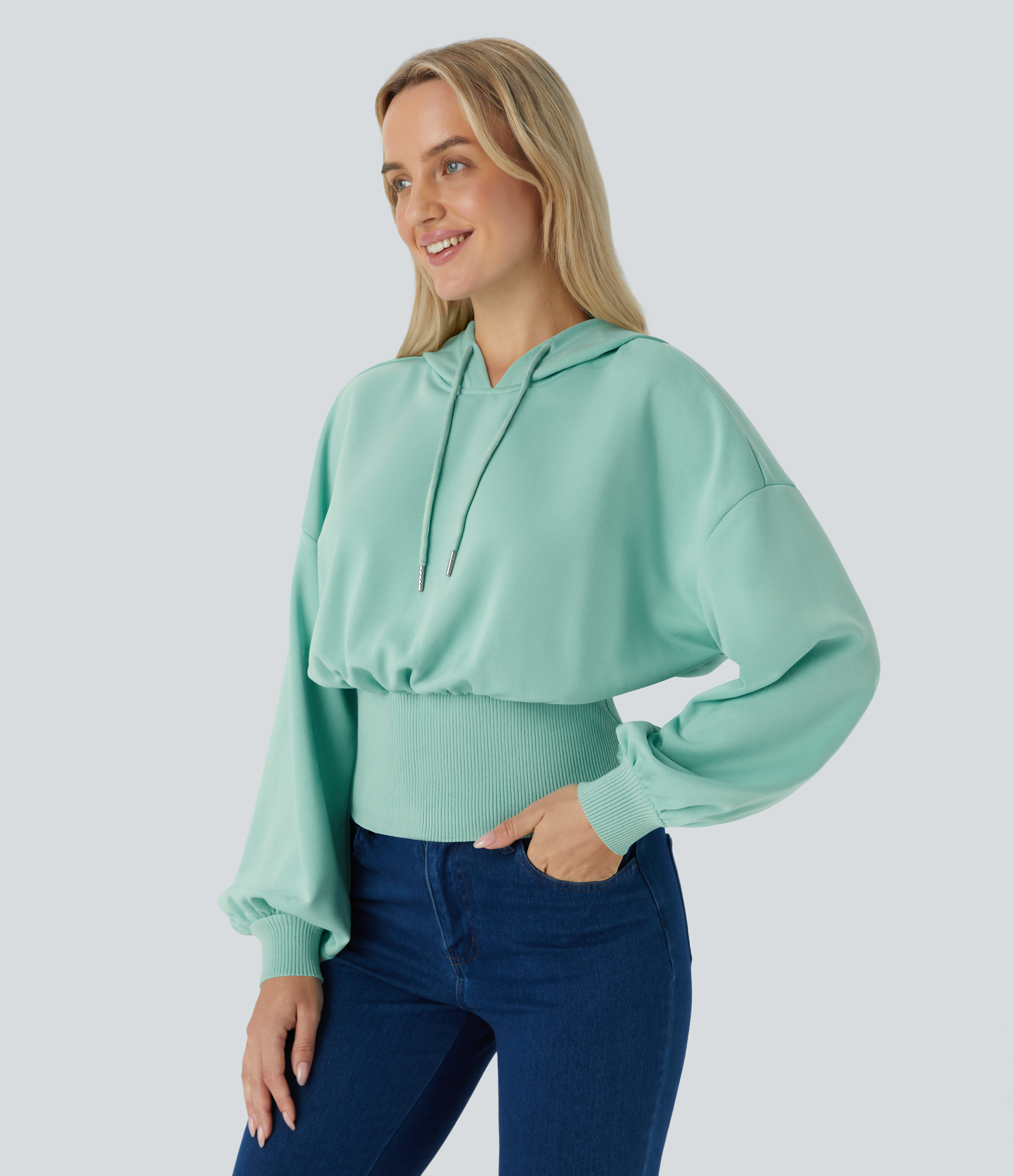 Halara Hooded Drawstring Bishop Sleeve Contrast Ribbed Relaxed Casual Sweatshirt  - Ocean Wave - M 