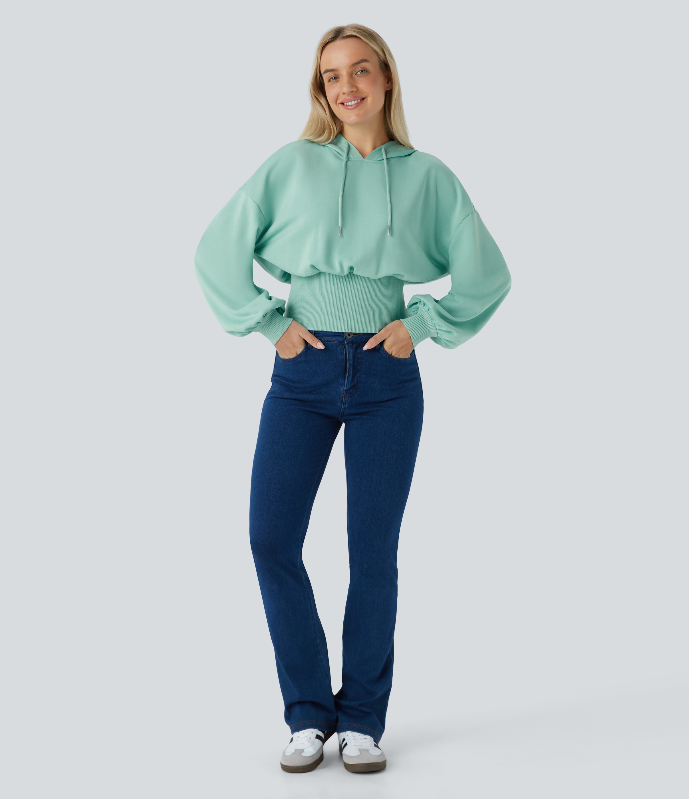 Halara Hooded Drawstring Bishop Sleeve Contrast Ribbed Relaxed Casual Sweatshirt  - Ocean Wave - M 