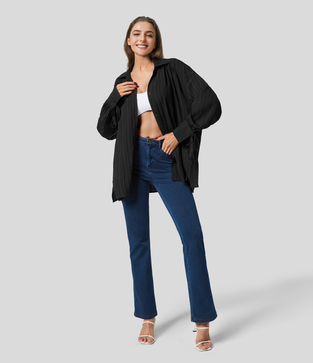 Halara Collared Knot Cuff Plicated Back Button Front Oversize Casual Shirt  - Black - XS 