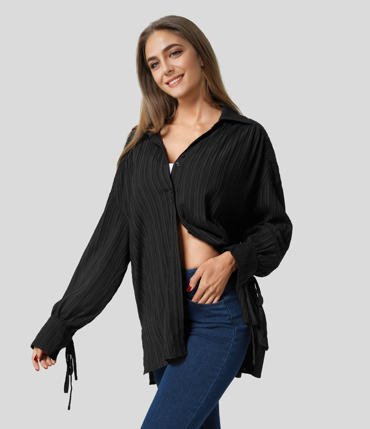 Halara Collared Knot Cuff Plicated Back Button Front Oversize Casual Shirt  - Black - XS 