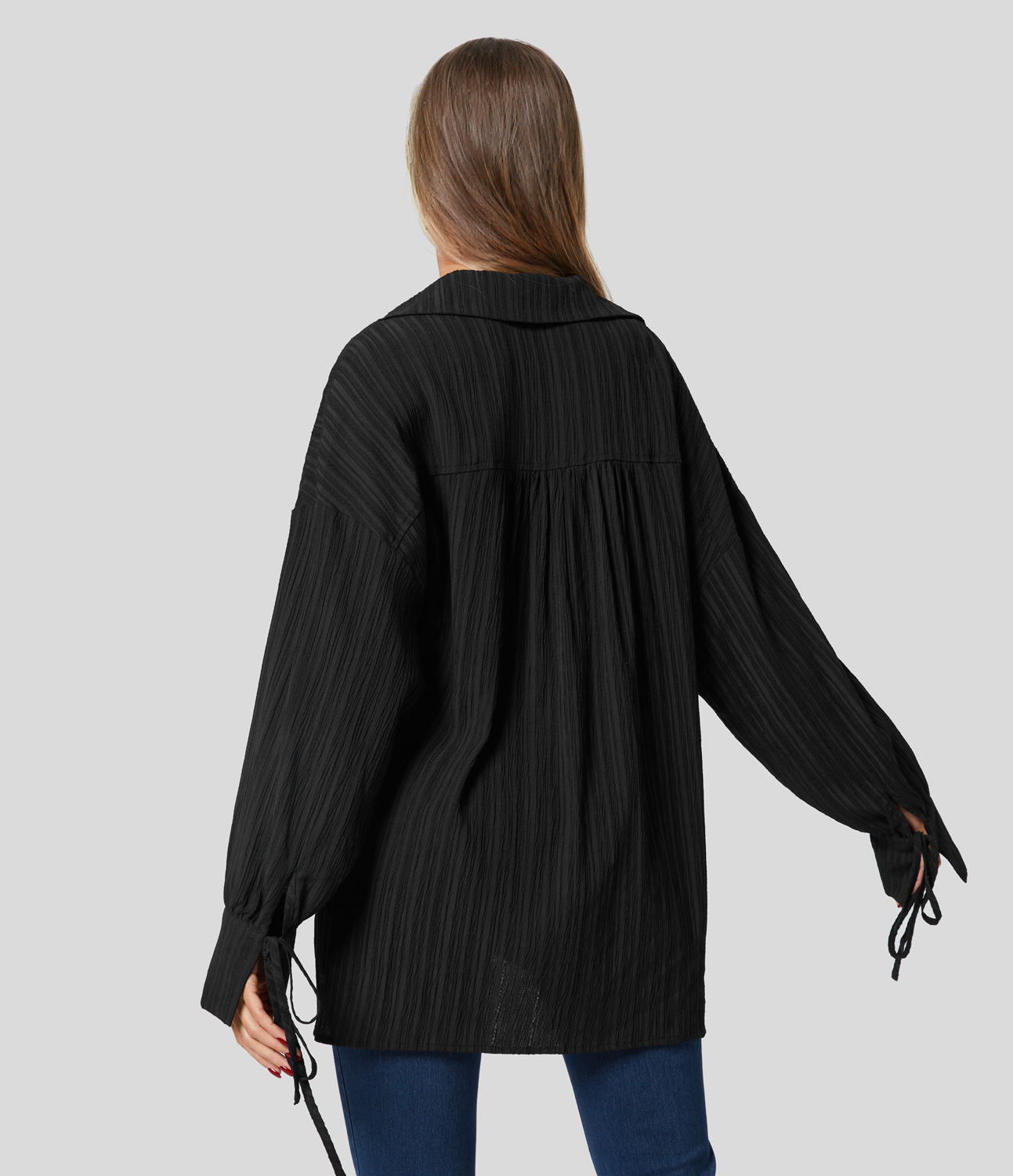 Halara Collared Knot Cuff Plicated Back Button Front Oversize Casual Shirt  - Black - XS 