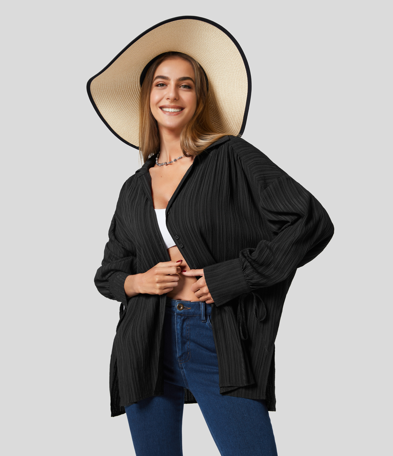 Halara Collared Knot Cuff Plicated Back Button Front Oversize Casual Shirt  - Black - XS 