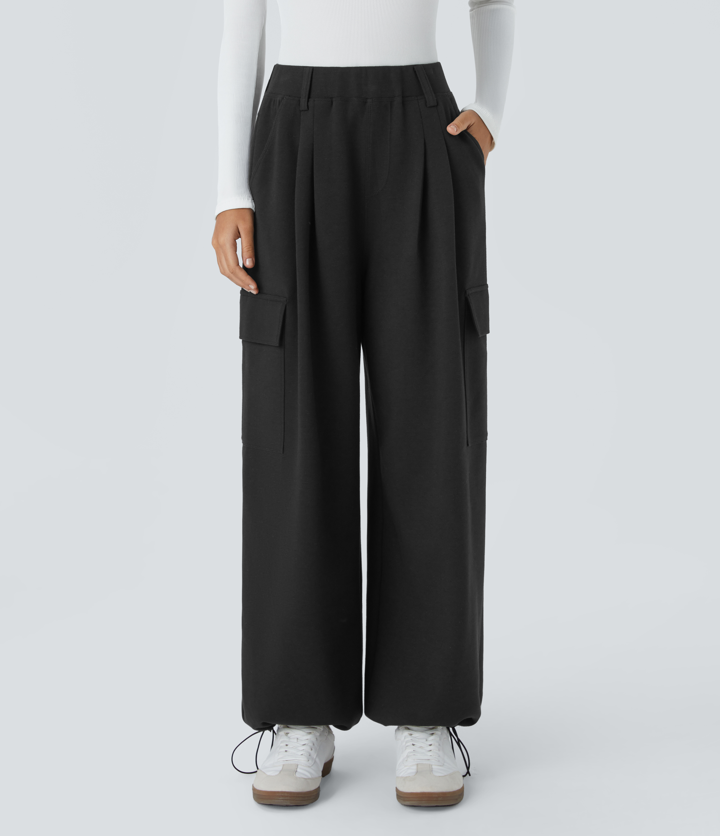 Halara High Waisted Plicated Multiple Pockets Adjustable Drawcord Hem Wide Leg Casual Pants  - Black - L(regular) 